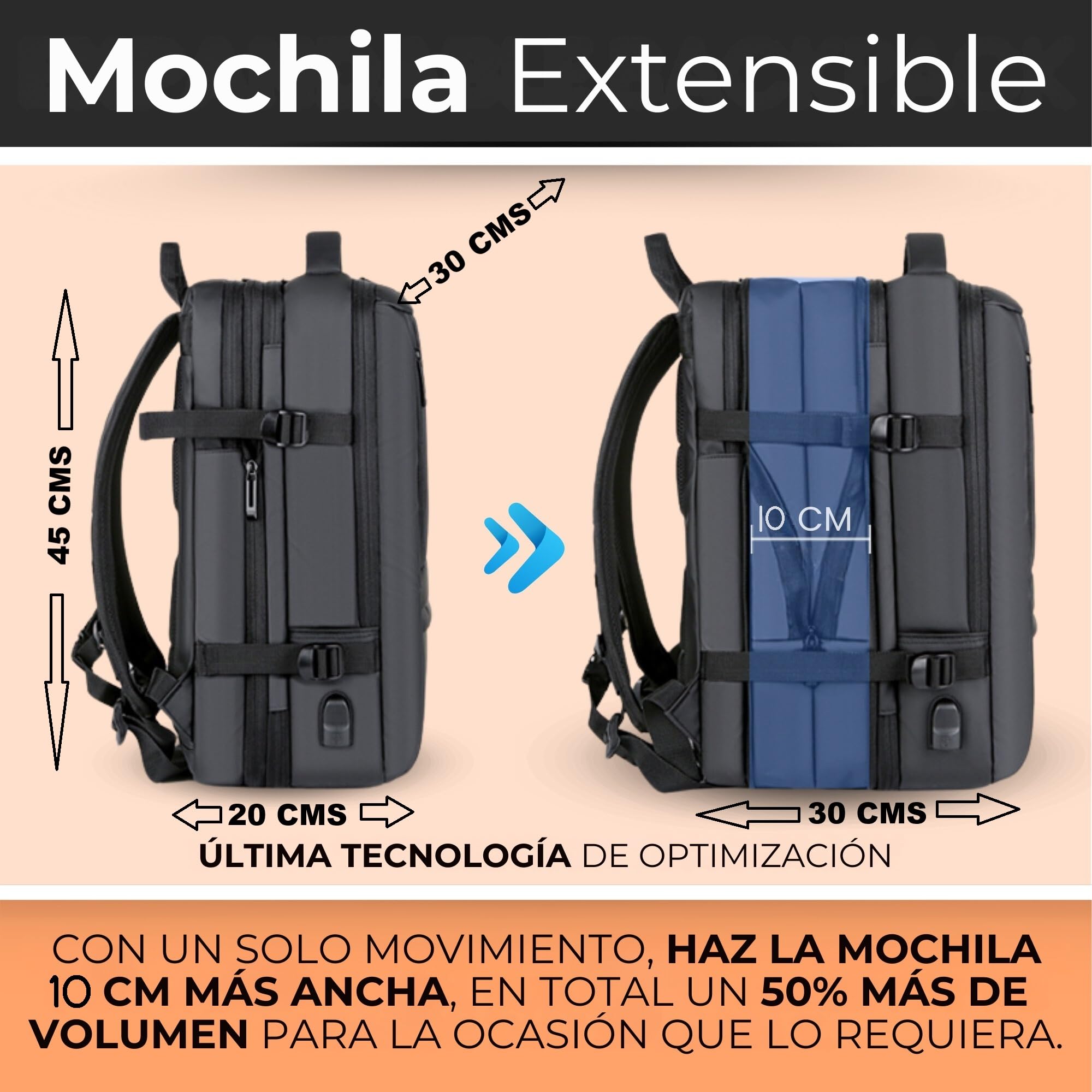 ALTOS OFFICE AND HOME Mochila 45x30x20 cm expandible equipaje de mano 45L para portátil 17 pulgadas impermeable maleta cabina viaje avión compatible con RyanAir/Vueling/EasyJet/Etc. cuero sintético