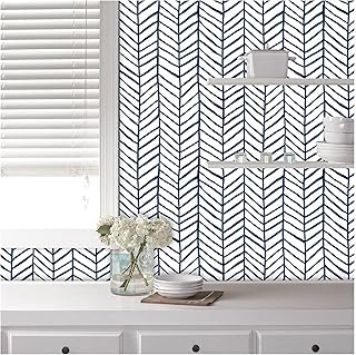 Floralplus 撕貼壁紙 人字紋壁紙 現代條狀接觸紙 適用於家居裝飾 自黏 可拆卸 淺藍色 45 x 599 公分