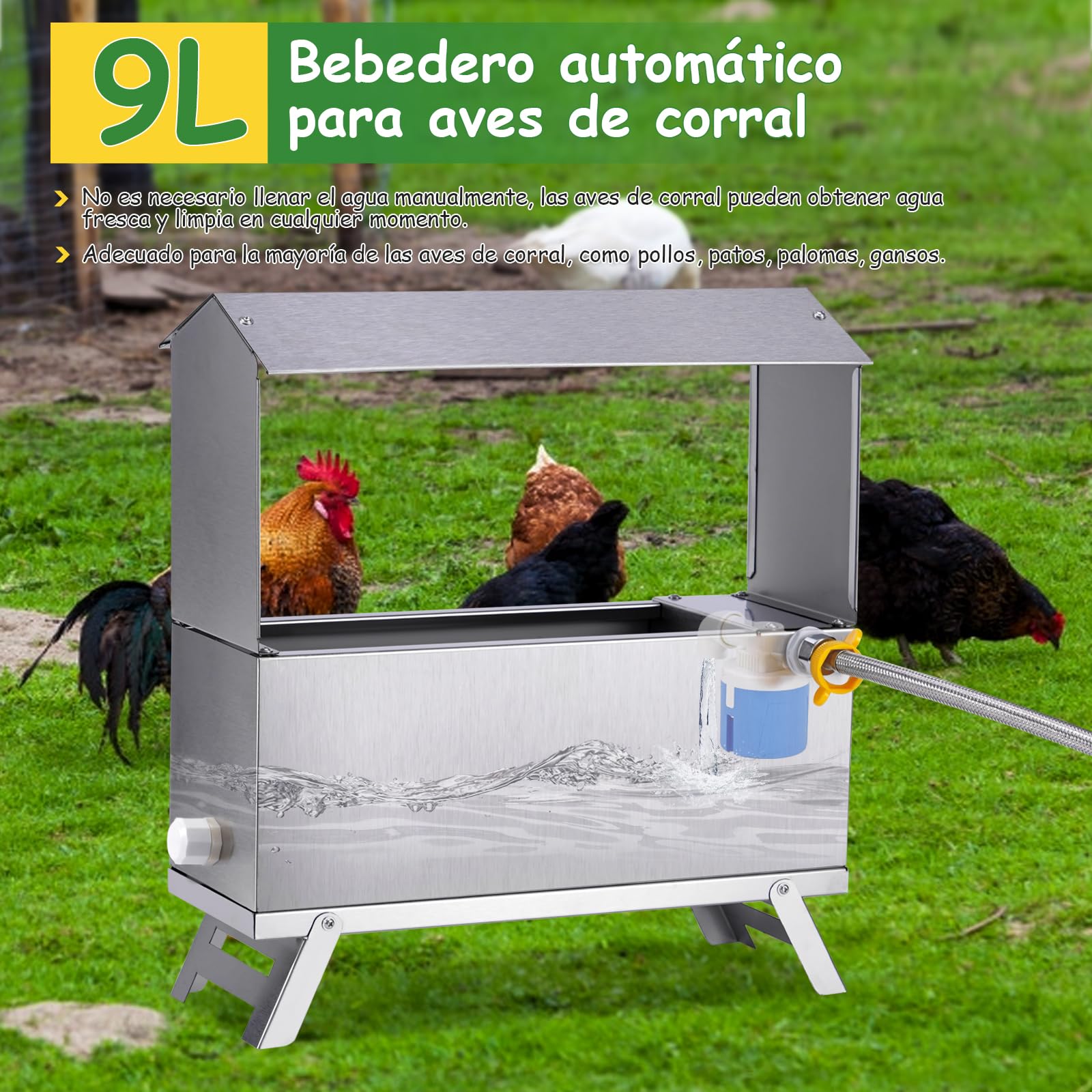 Bebedero Automático De Acero Inoxidable Para Pollos Dispensador AutomáTico De Regador De Pollo Con VáLvula De Flotador Y Pata Agua De Pollo De Metal De Gran Capacidad Para Pato Paloma Ganso (9 Litro）