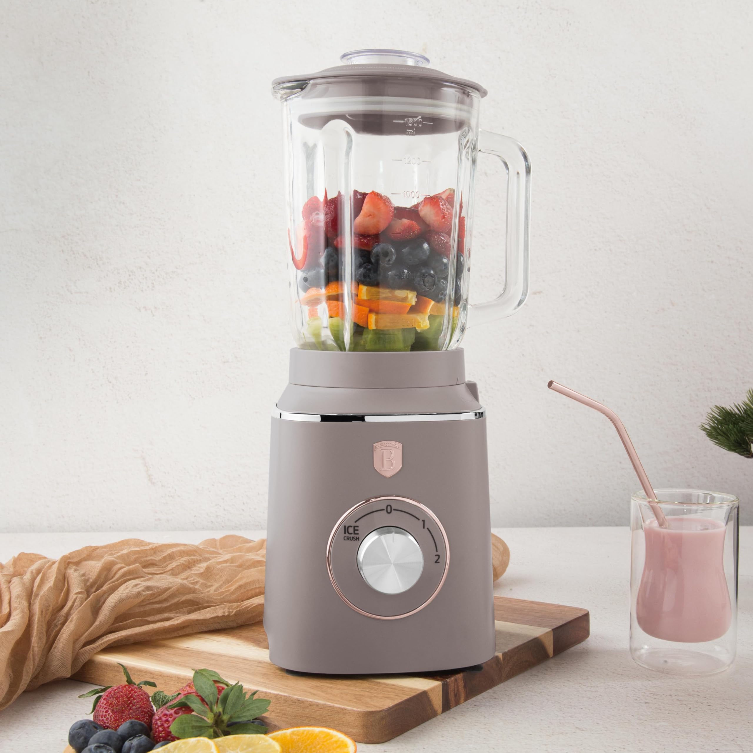 Berlinger Haus Batidora de Mesa 1000W con Jarra de Vidrio 1.5L, Función Smoothie y Tritura Hielo, Cuchillas de Acero Inoxidable, Protección Contra Sobrecalentamiento, Color Taupe Mate