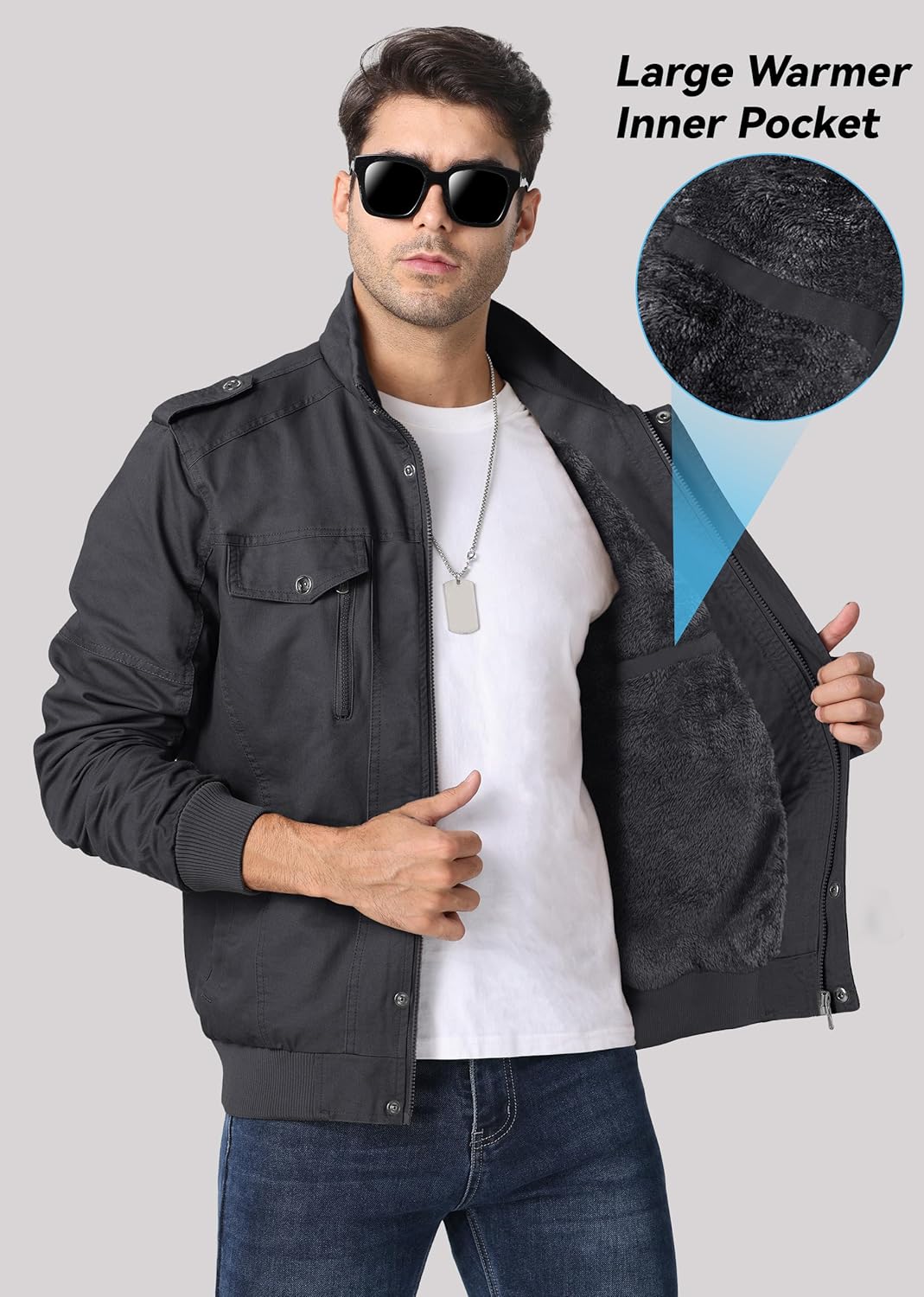 EKLENTSON Men's Winter Jacket with Multi Pockets Zip Front Thick Thermal Fleece Lined Coat Work Cargo Jacket for Men - Image 5