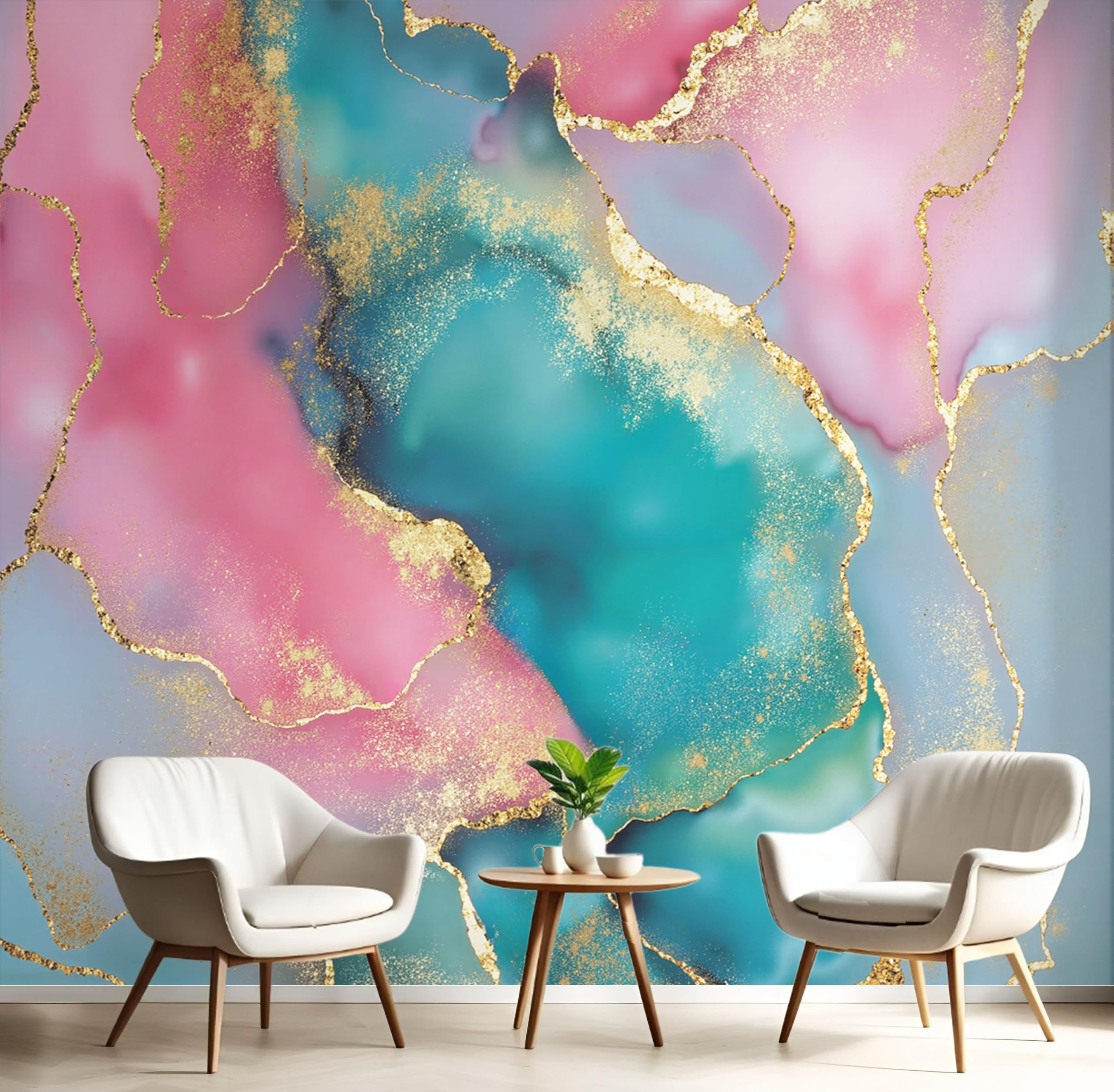 Papier peint panoramique marbre pour masquer un mur nu et illuminer le salon