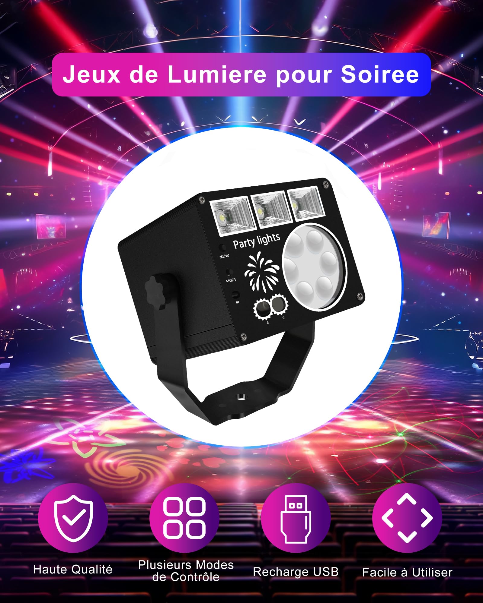 Jeux de Lumiere pour Soiree, Jeu de Lumiere Disco Contrôlée par Musique, Jeu de Lumiere Soiree DJ avec Télécommande, Lampe de Scène avec Câble USB pour Halloween, Fête, Noël
