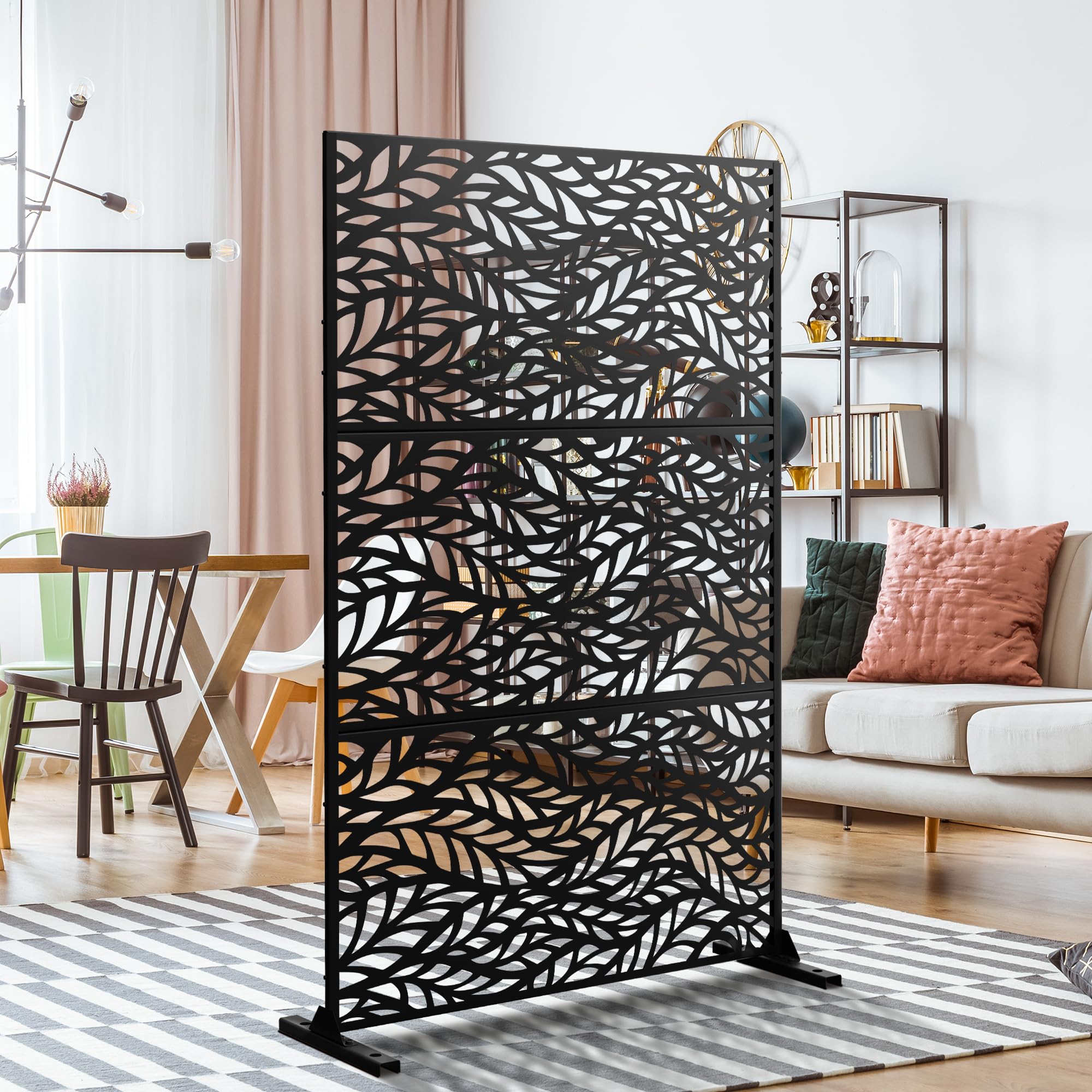 Elevens Metal Outdoor Privacy Screen, Freestanding Outdoor Divider Decorative Privacy Fence Screen, Fence Panels for Balcony Patio,76‘’H×47‘’W (Black-Leaf)