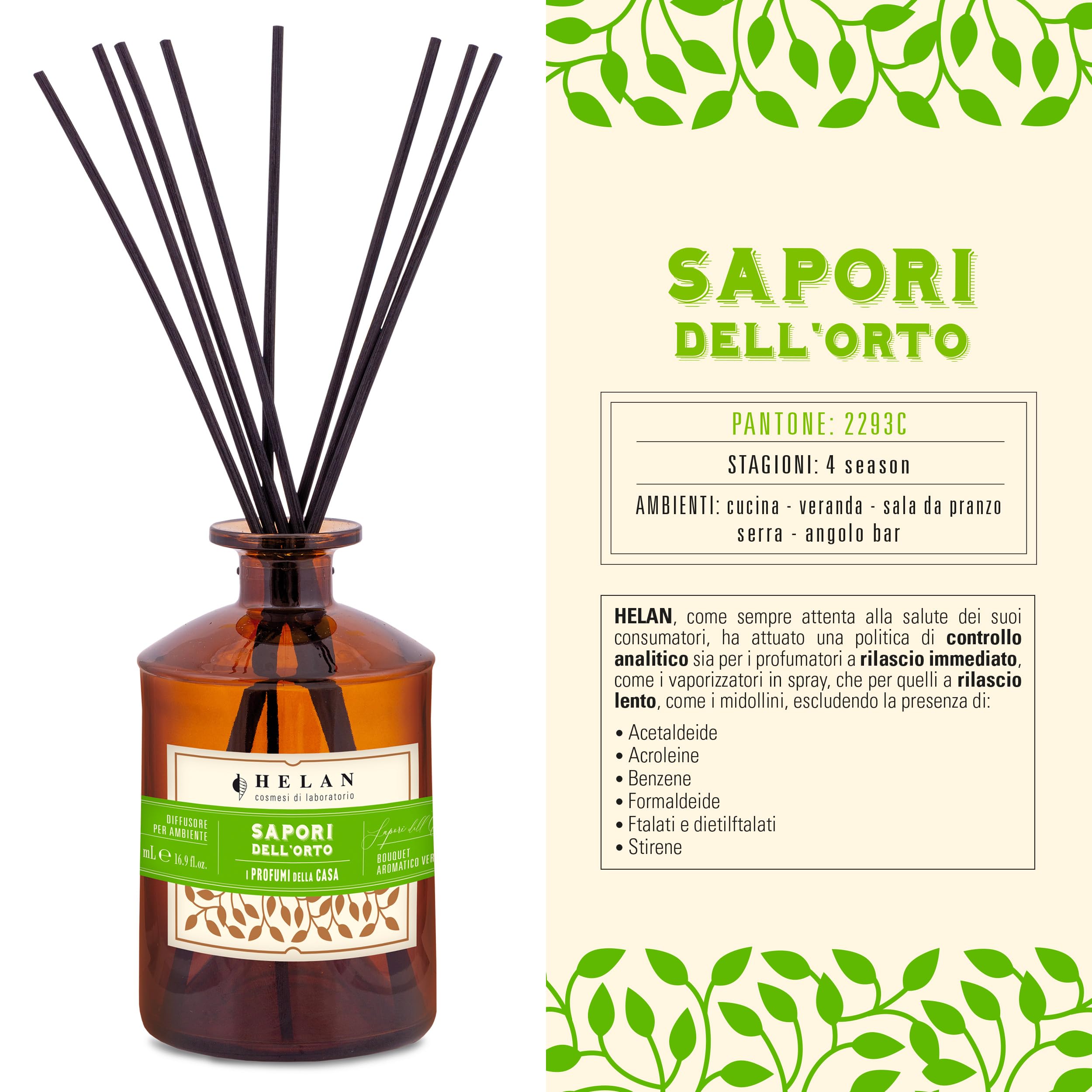 Helan Sapori dell'Orto odświeżacz powietrza z pałeczkami do dyfuzorów z aromatycznymi i zielonymi nutami – pomysł na prezent odświeżacz powietrza i odświeżacz powietrza, 500 ml, wyprodukowano we