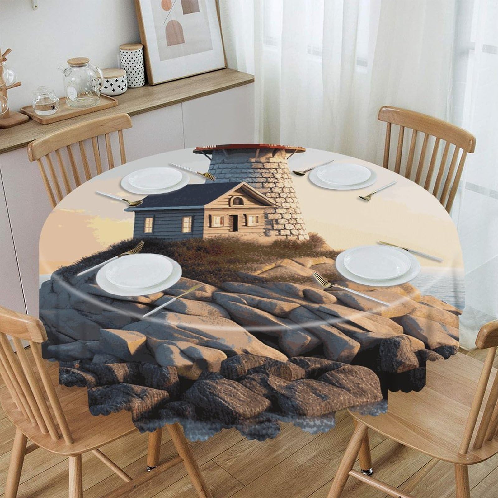 VstaDank 3D Seaside Lighthouse Round Tablecloth 60 Inch Easy to Clean Circle Table Cover Thick Decorative Round Polyester Table Cloth for Dining Kitchen Party Farmhouse Outdoor