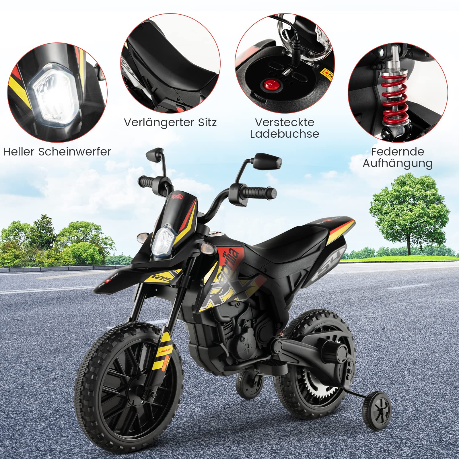 COSTWAY Aprilia Elektro Motorrad Kinder, 12V Kindermotorrad mit Stützrädern & Musik & Scheinwerfer, 5,5-6 km/h, geeignet für Kinder von 3 bis 8 Jahren (Schwarz)