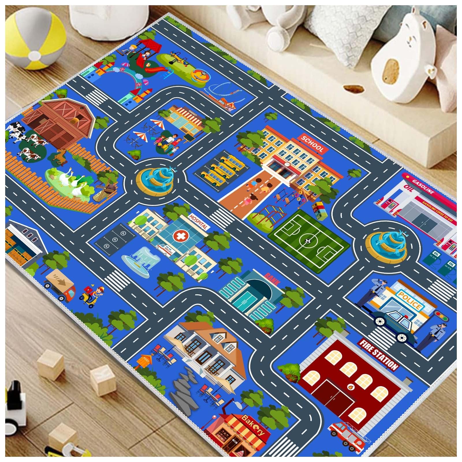 VNUVCOE Kids Road Car Rug, 31''x47'' Playroom Rugs City Road Race Track Rugs for Playing Cars Toys, Kids Car Rug Play Mat Road Carpet for Kid.