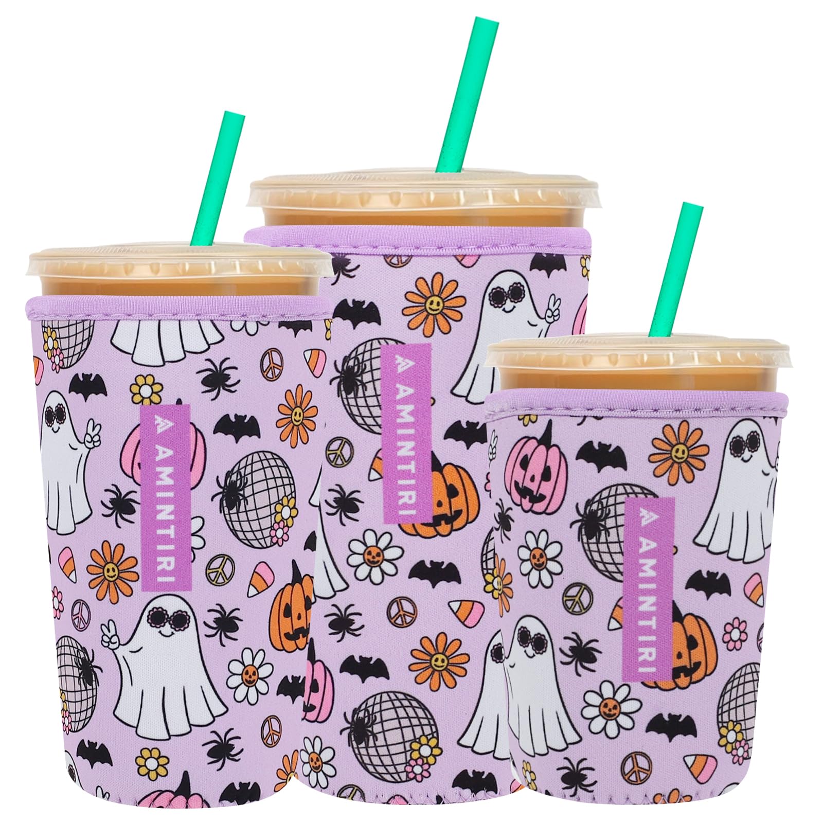 3 pack reusable sleeve for iced coffee cup coffee neoprene sleeve for icedamphot drinks coffee sleeve compatible with starbucks dunkin coffee cup halloween boo