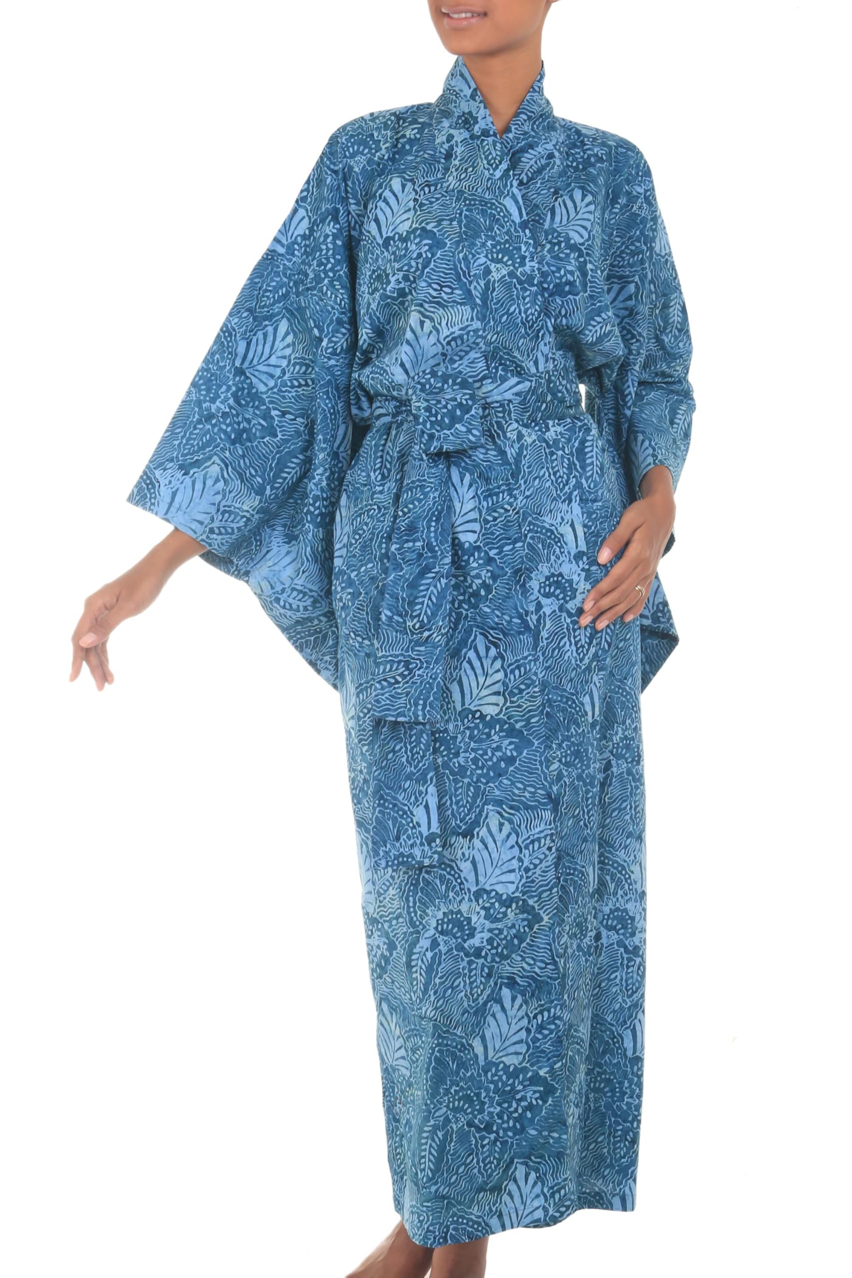 NOVICA Artisan Robe Long Blue Cotton | Handcrafted Batik Art | Sleepwear V Neck Casual | Loungewear | Knit Bathrobe | Belted Tie Closure | Scuba Patterned | Indonesia Leaf Tree Blue Forest