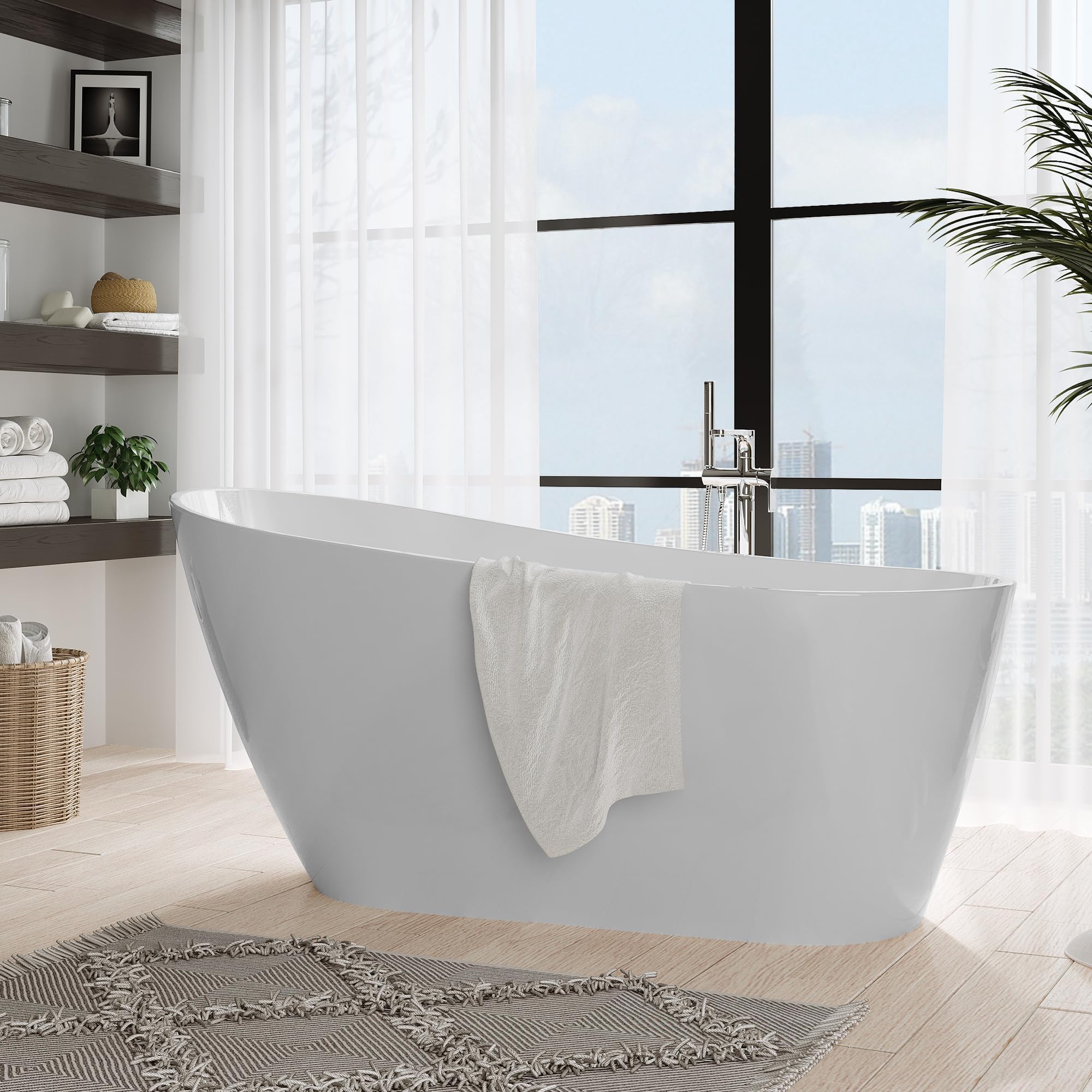 Freestanding Bathtub, Acrylic, Deep Soaking Tub with Non-Slip Base, CUPC Certified Free Standing Tub, Chrome Drain Bath Tub, Modern Tub for Bathrooms, White, 59''