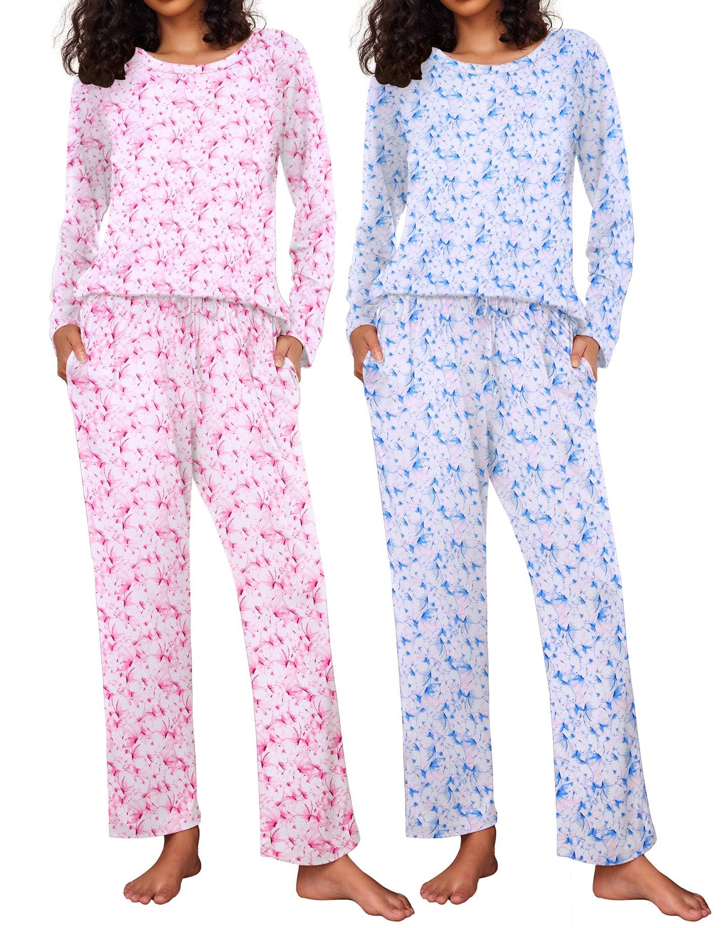 Ekouaer 2 Pack Womens Pajama Sets Long Sleeve Pjs Lounge Set Soft Comfy Sleepwear Winter Loungewear