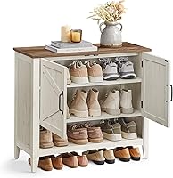 VASAGLE LIRY 3-Tier Farmhouse Shoe Cabinet, Adjustable Shelf Organizer, Rustic White Entryway Storage 13.8x31.5x27.6"
