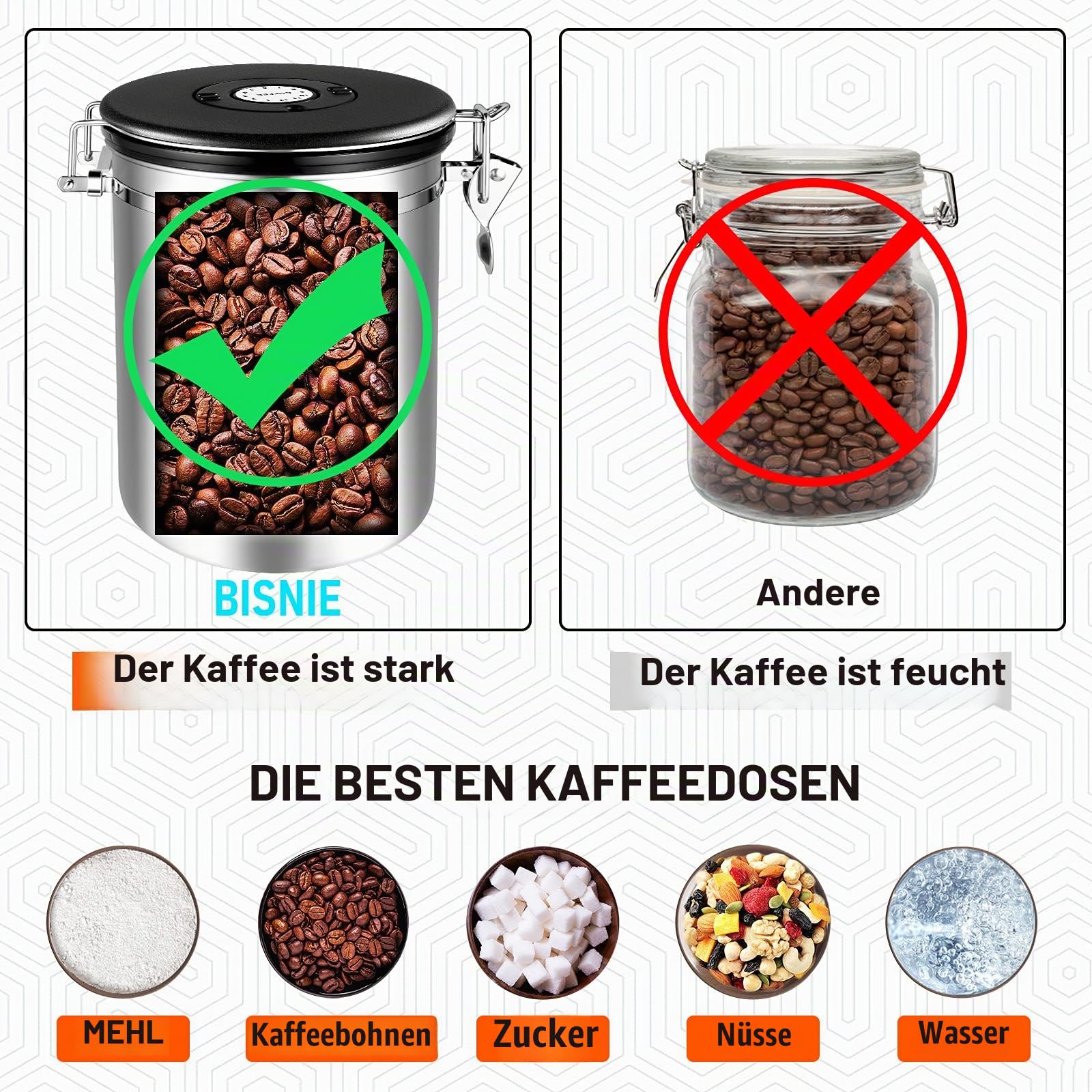 Kaffeedosen Luftdicht 1kg Bohnen, 2800ML Kaffeebohnen behälter Kaffeebehälter Vorratsdosen aus Edelstahl mit Datums-Tracker, 30ML Messschaufel und CO₂-Ventil für Kaffee Kaffeebohne Pulver, Zucker, Tee