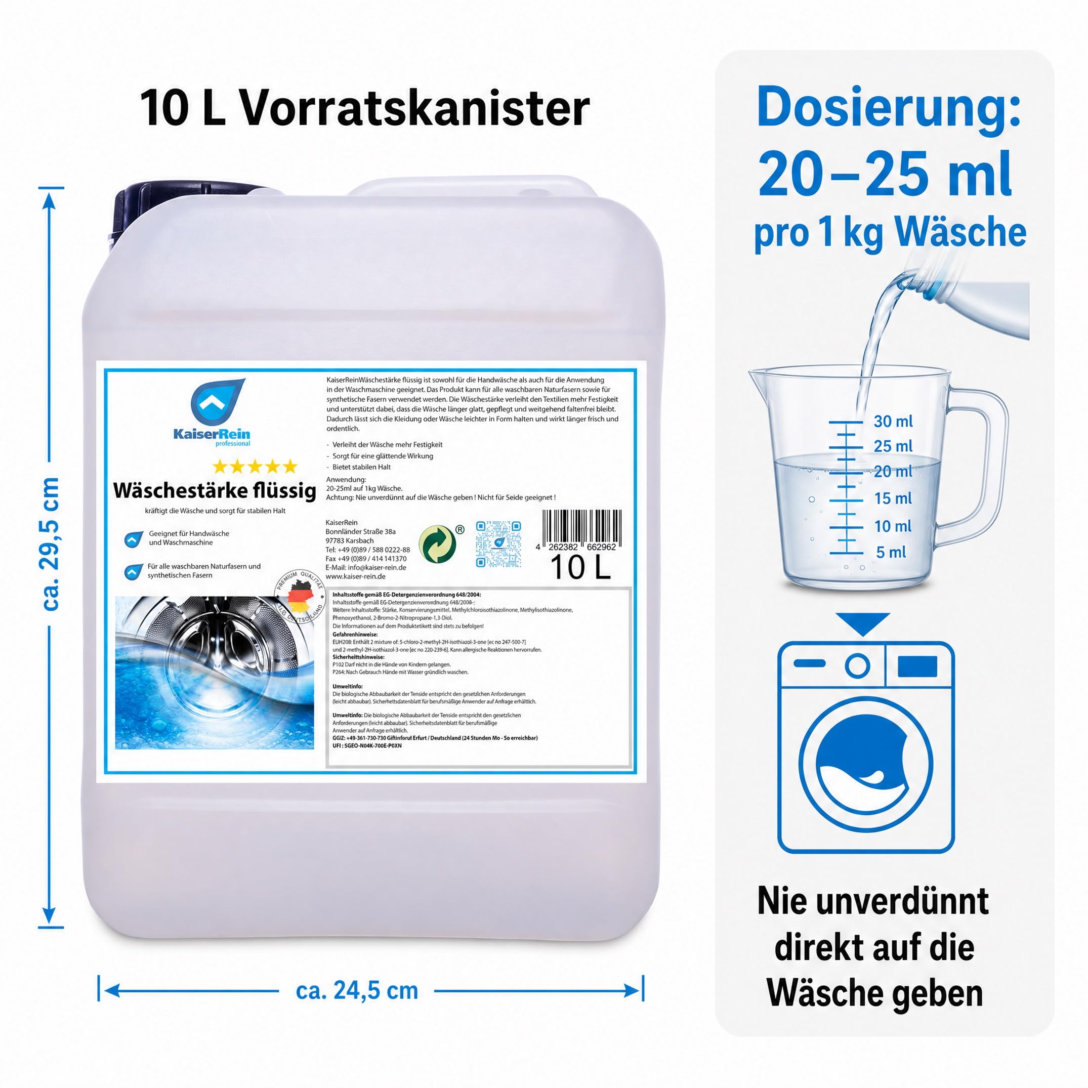 KaiserRein Wäschestärke flüssig 10 L, Wäschesteife für stabilen Halt & glattes Finish, Bügelstärke für Waschmaschine & Handwäsche, für Natur- & Synthetikfasern (nicht für Seide), dosierbar