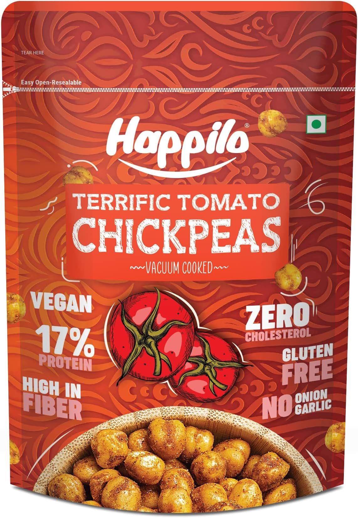 Happilo Premium Super Snack Terrific Tomato Chickpeas 110g, Crunchy and Delicious, Super Healthy