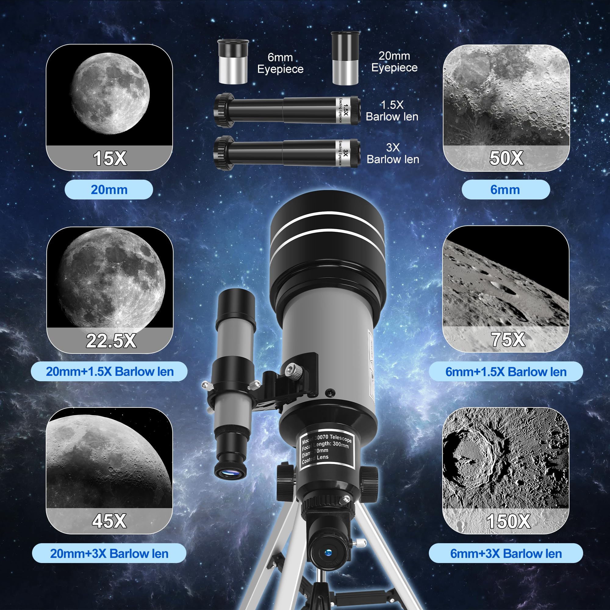 Télescope réfracteur pour et Adultes, pour débutants, Ouverture de 70 mm, Distance focale de 300 mm, avec Montage équatorial, idéal pour l'observation de la Lune