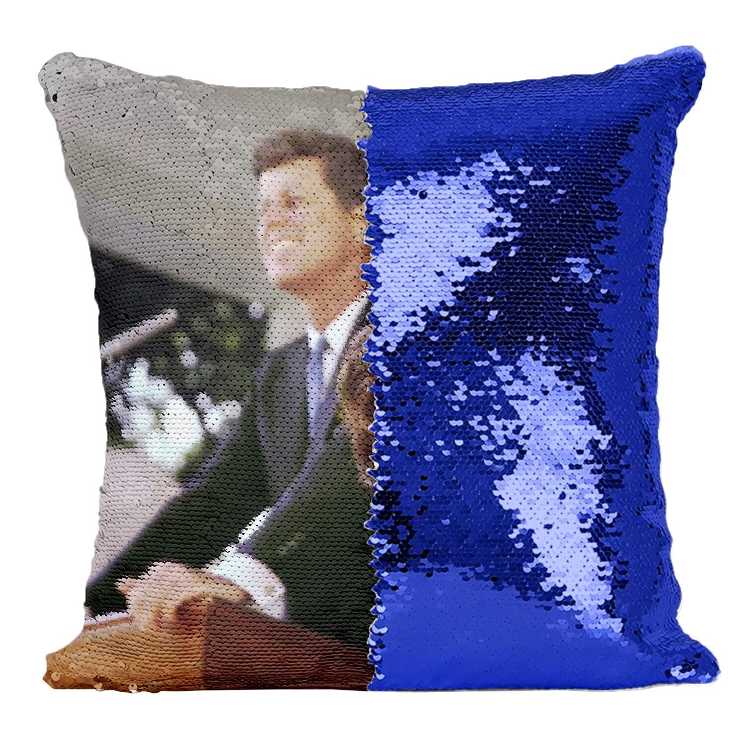 Coussin sequin Jackie et John Kennedy photo vintage paillettes bleu