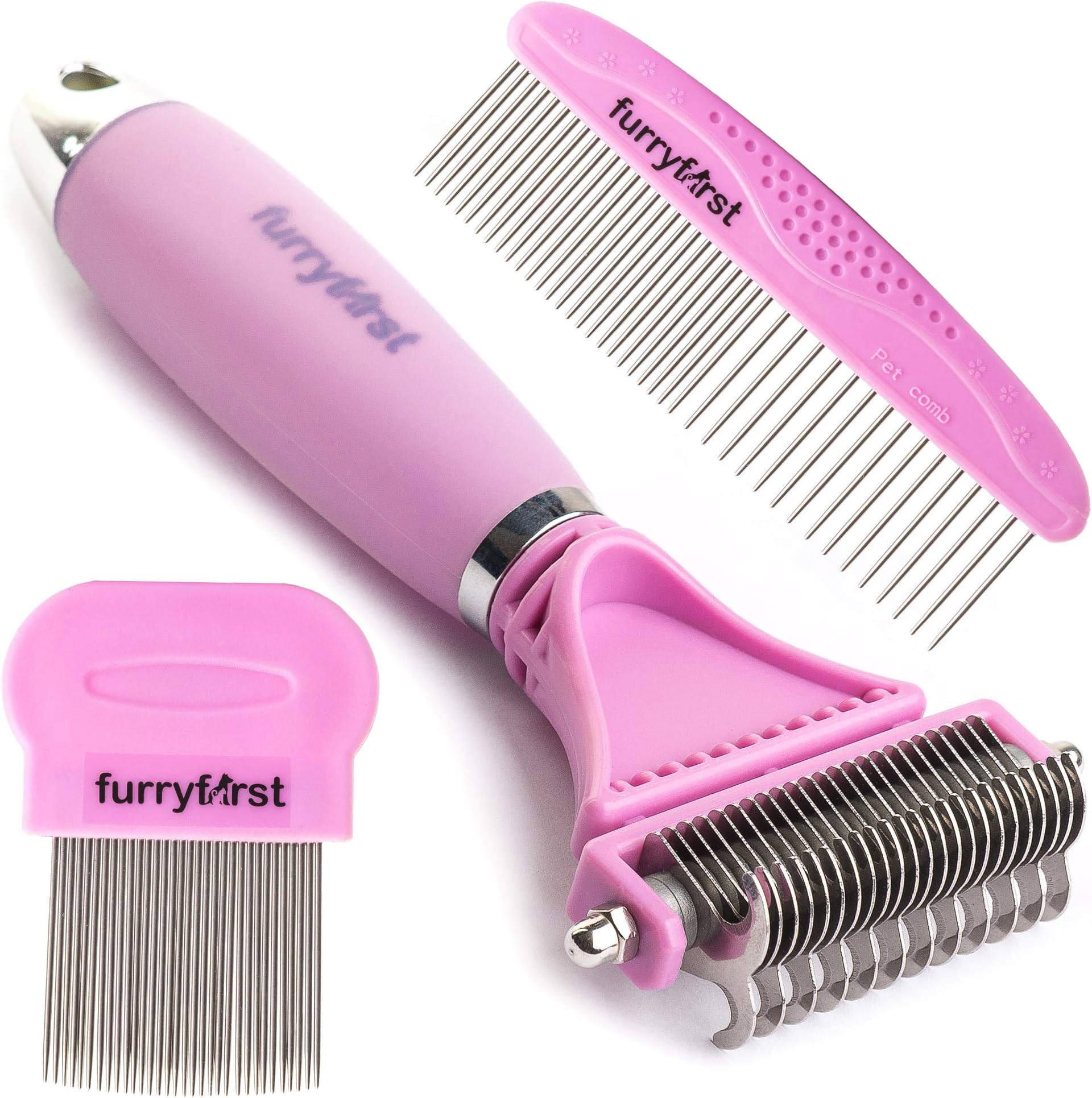 Furryfirst Dog Cat Grooming Tool Kit – Thick Undercoat Dematting Brush & Shedding Combs Set for 2 Layer Coats, Short, Medium & Long Haired Pets – Pain-Free Design, Ergonomic, Non-Slip