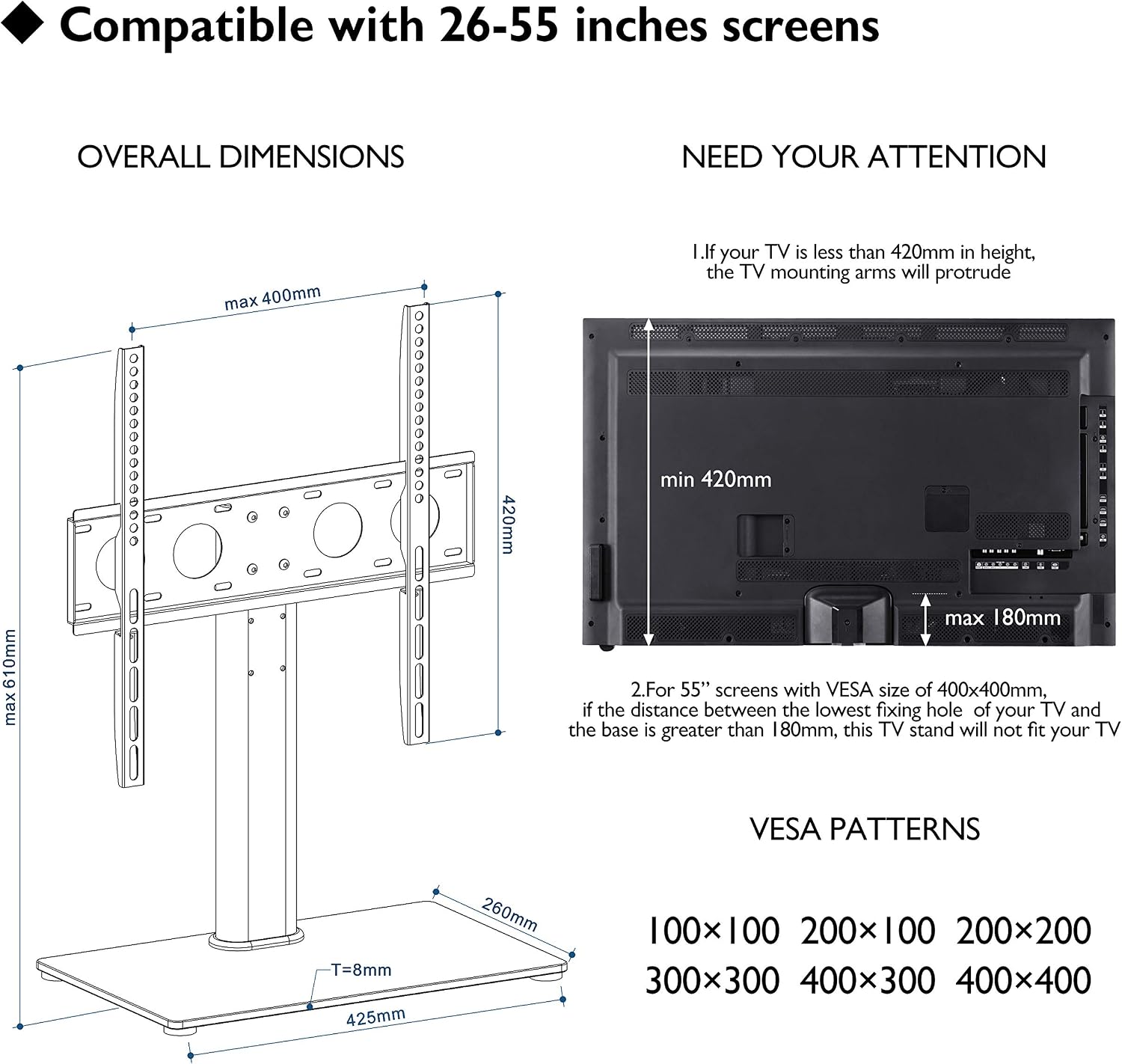 1home Universal Table Top Pedestal TV Stand with Bracket for 32”-50” LCD/LED TVs