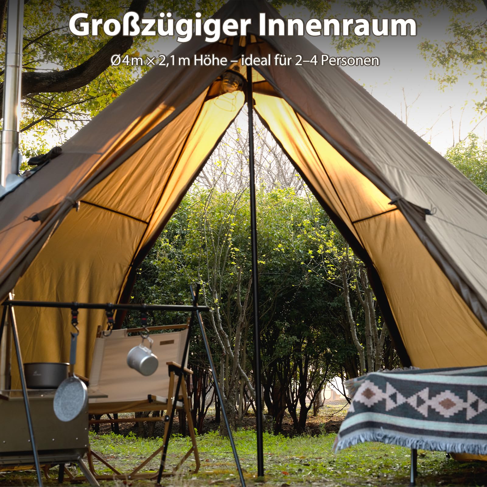 Tipi Tienda de campaña con apertura de horno y delantal de nieve para 4 personas, impermeable, para camping, 4 años, para senderismo, exterior, trekking, caza, pesca