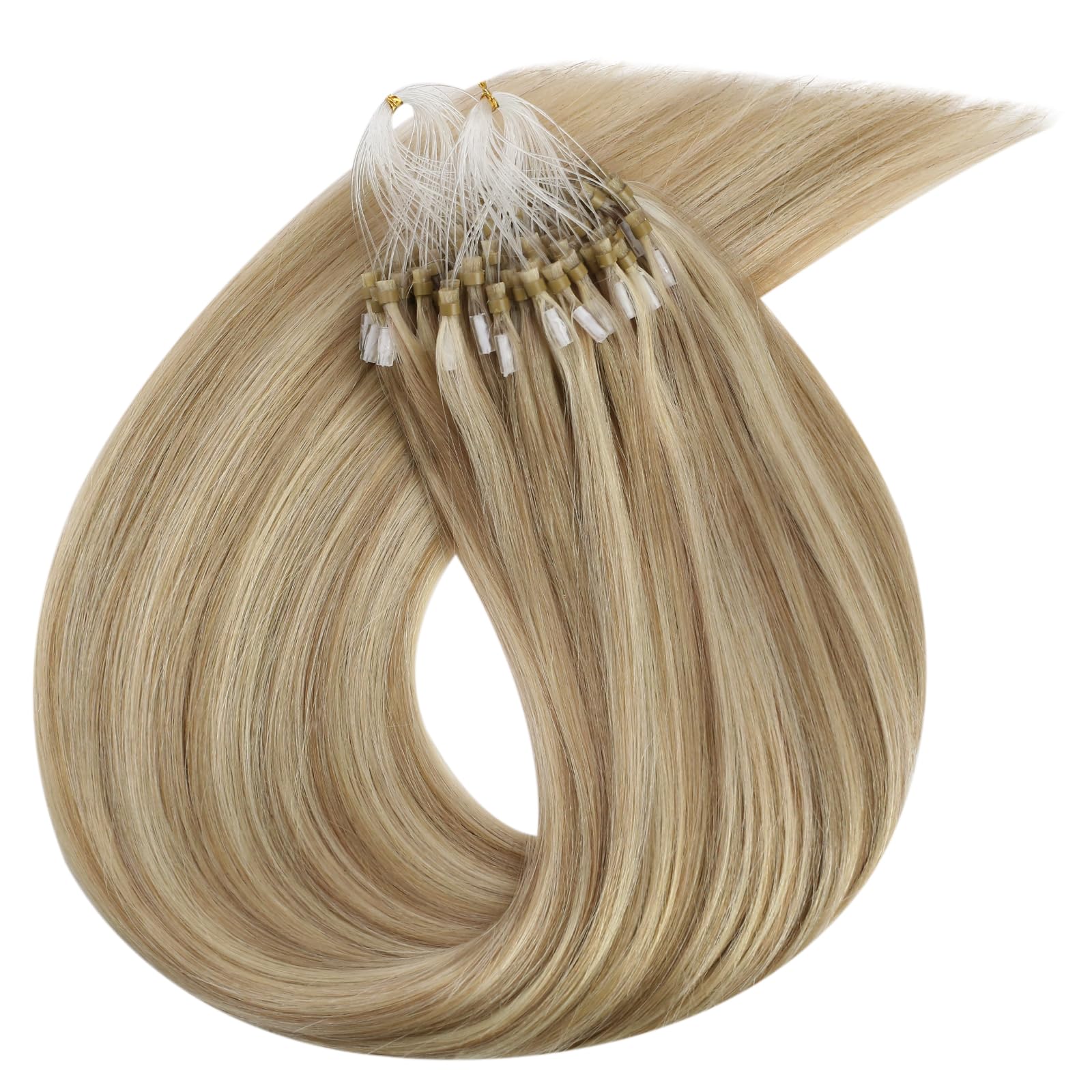 Ugeat Przedłużanie Włosów Mikro Link, Włosy Ludzkie, Pasemka Ciemny Popielaty Blond, 35 cm 50 sztuk 50g, Przedłużanie Włosów Mikro Koralik Złotym Blondem, Remy Proste