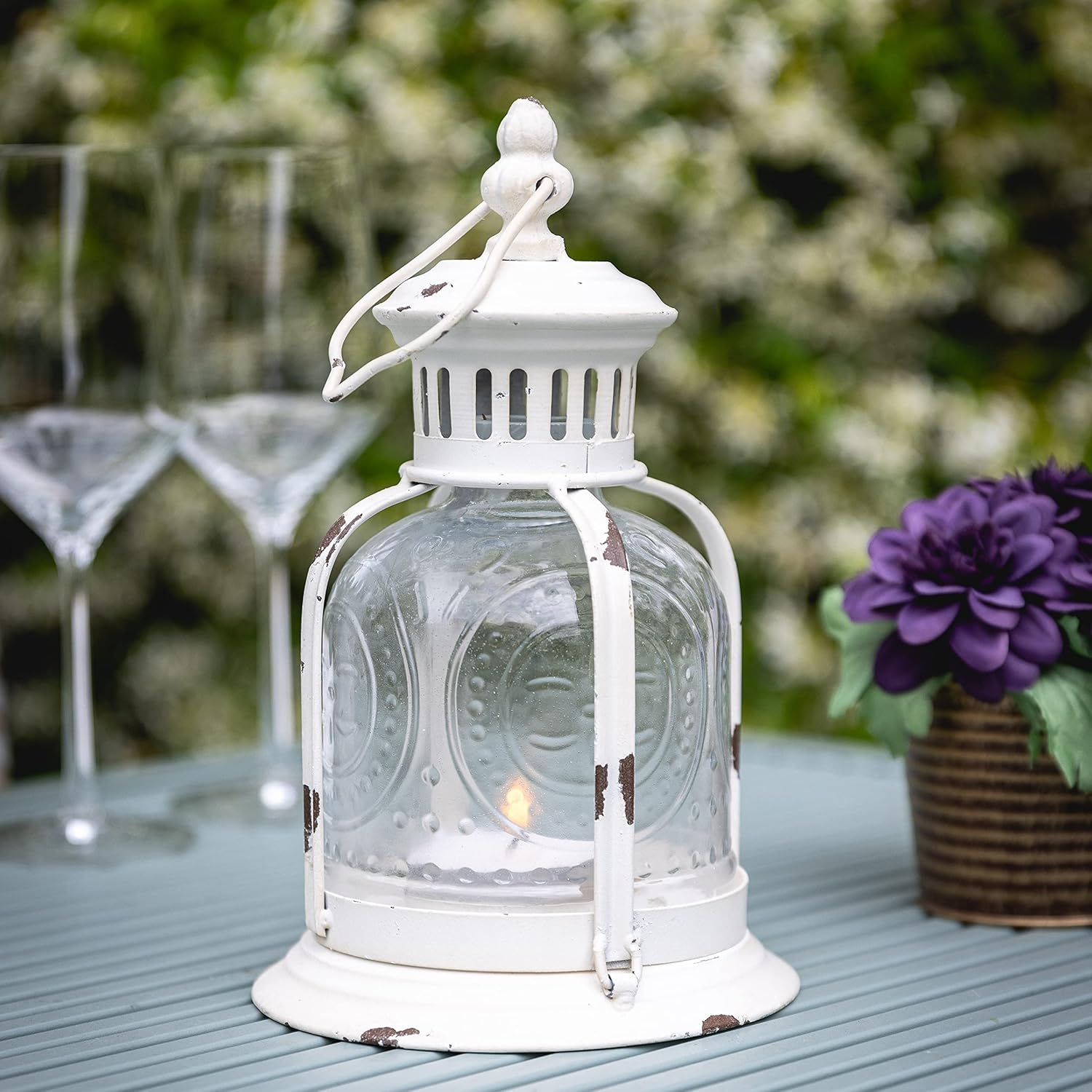 CKK Industrial LTD Stonebriar Antique Worn White Metal Candle Lantern, Use As Decoration for Birthday Parties, a Rustic Wedding Centerpiece, or Create a Relaxing Spa Setting, For Indoor or Outdoor Use