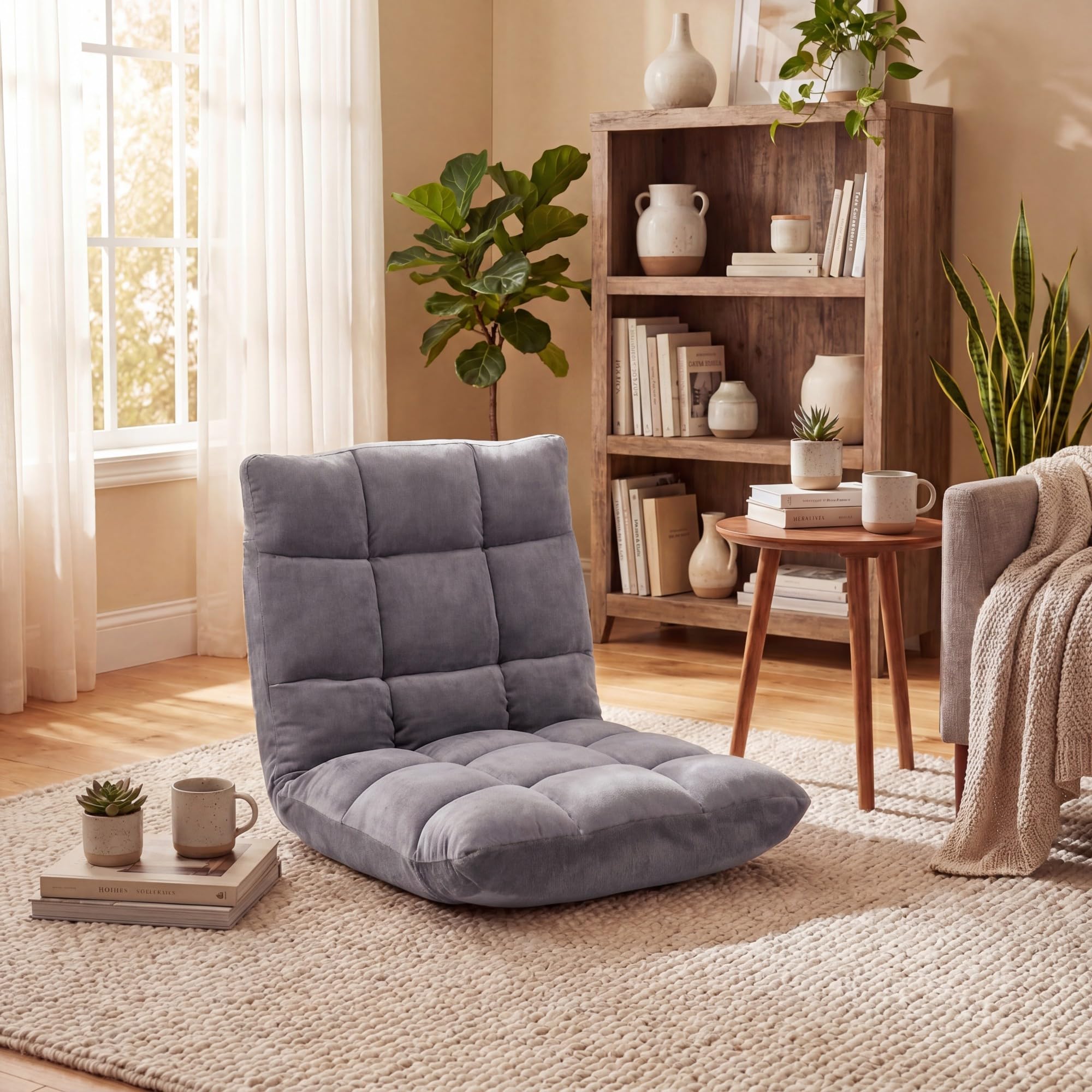 RELAX4LIFE Bodenstuhl Klappbar, Bodensessel mit Verstellbarer Rückenlehne & Liegefunktion, Relaxsessel faltbar, Bodensitz gepolstert, Meditationsstuhl, Floor Chair für Zuhause & Freizeit (Grau)