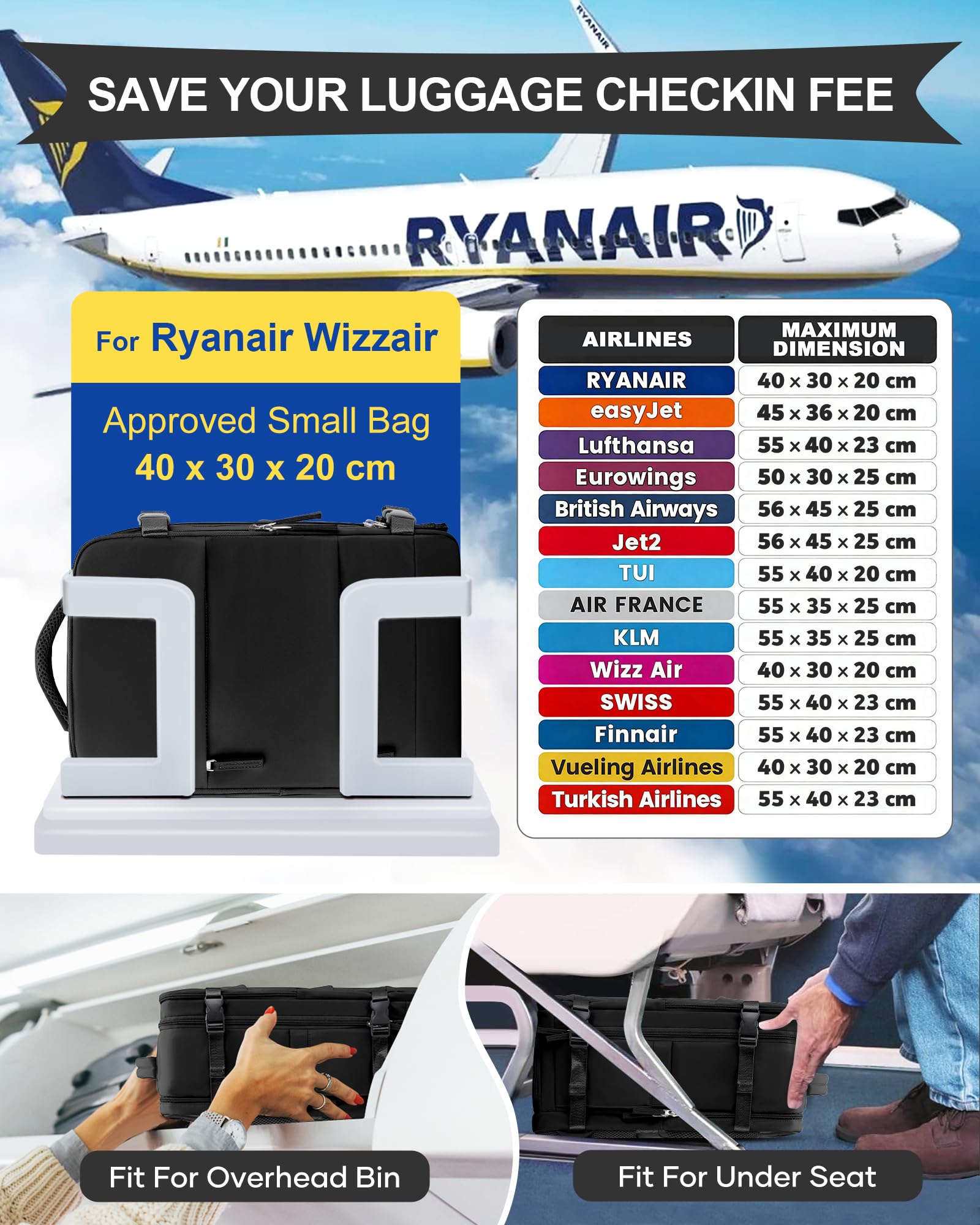 SZLX Zaino Ryanair 40x30x20 Sottovuoto con Pompa Zaino Ryanair 40x20x25 Donna Zaino da Viaggio Wizzair Bagaglio a Mano Uomo per Laptop da 14 Pollici Borse da Cabina 45x36x20 Easyjet con Porta Scarpe