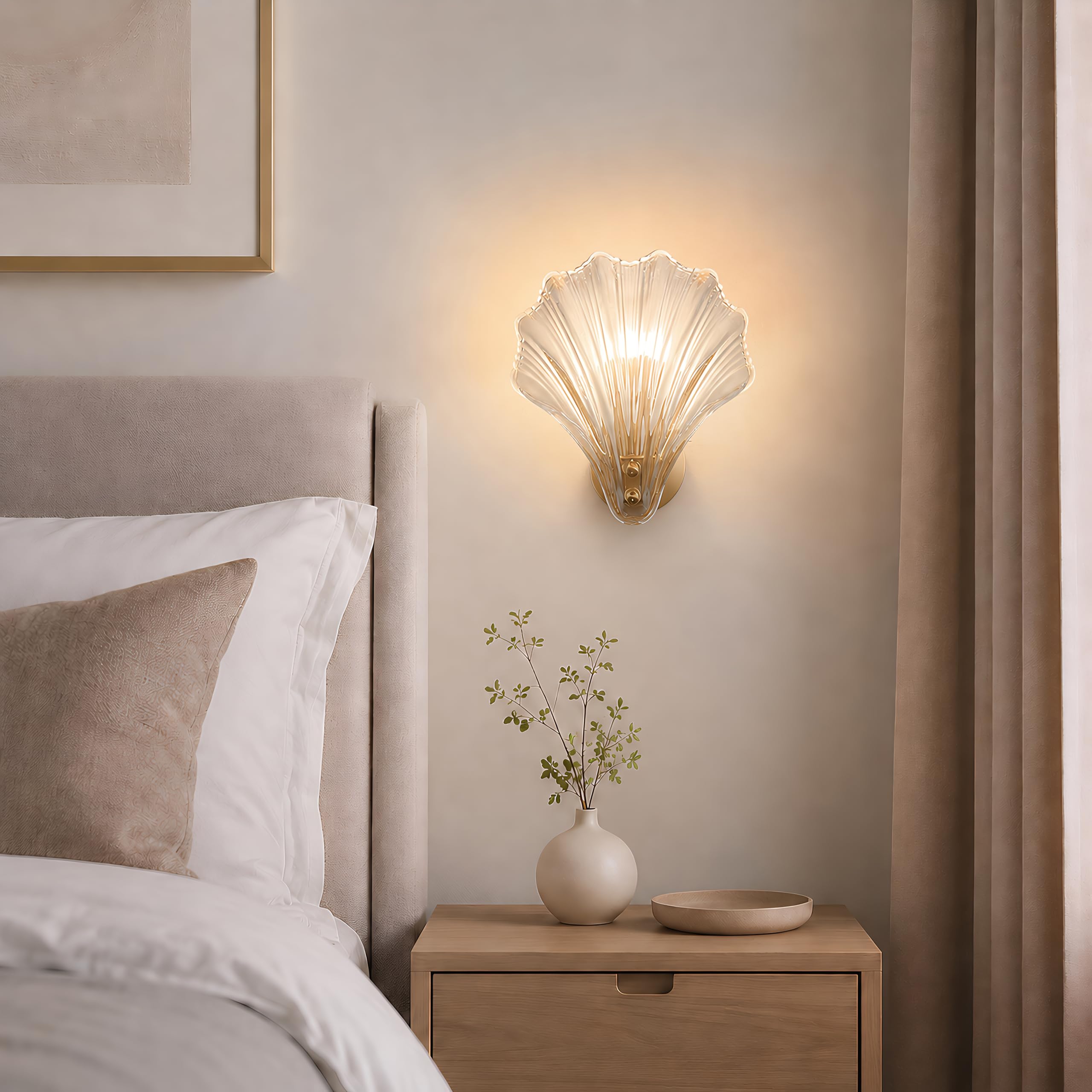 Aplique de Pared Interior Moderno de Vidrio en Forma de Concha, Lámpara de Pared E14 con Pantalla de Vidrio, para Dormitorio, Pasillo, Salón, Comedor (Transparente)