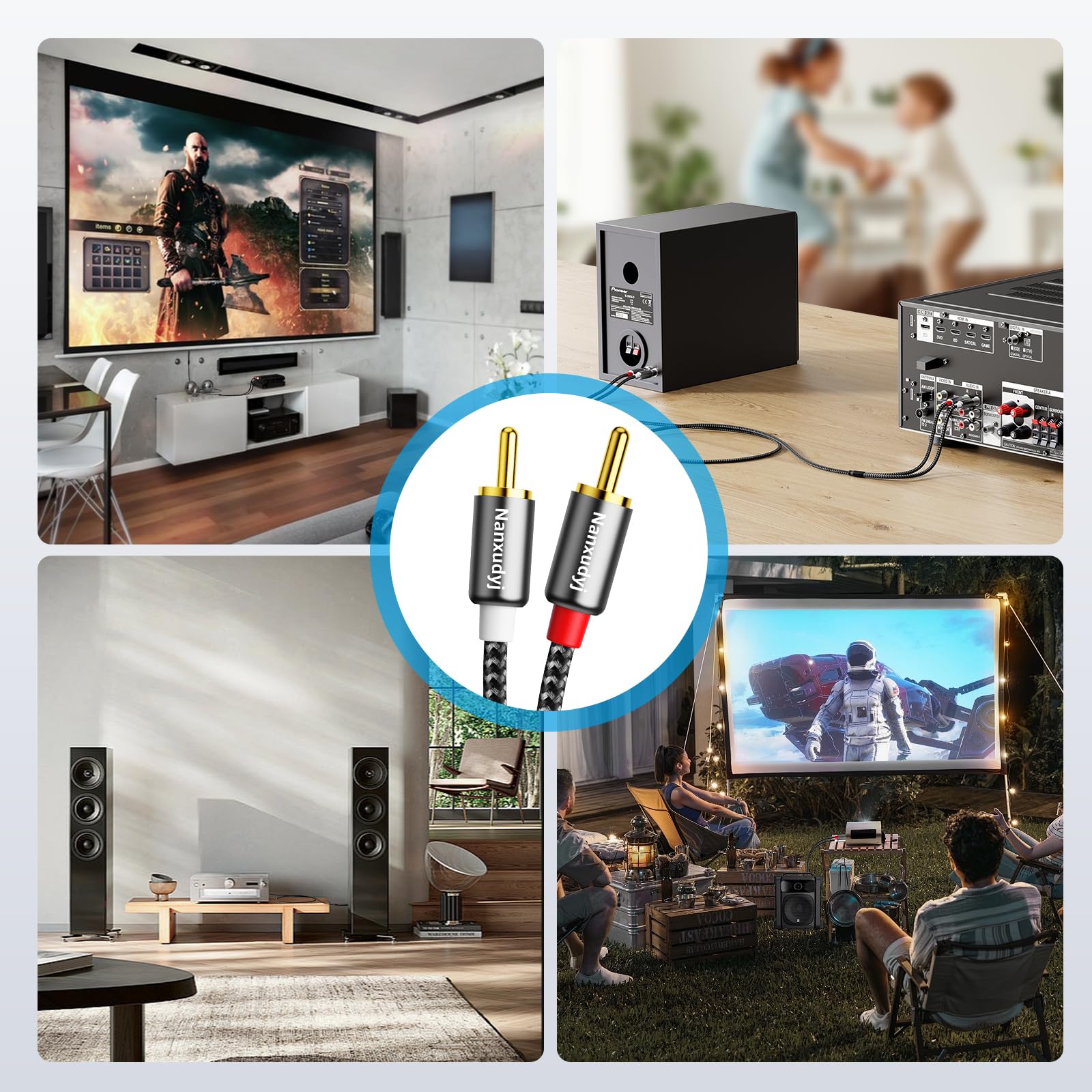 Cinch-Kabel, 6 m, 2 Cinch-Stecker auf 2 Cinch-Stecker, Audio-Stereo-Kabel, vergoldet, Nylon-ummantelt, doppelt geschirmt, AUX-Audio-Subwoofer-Adapterkabel für Heimkino, Verstärker,