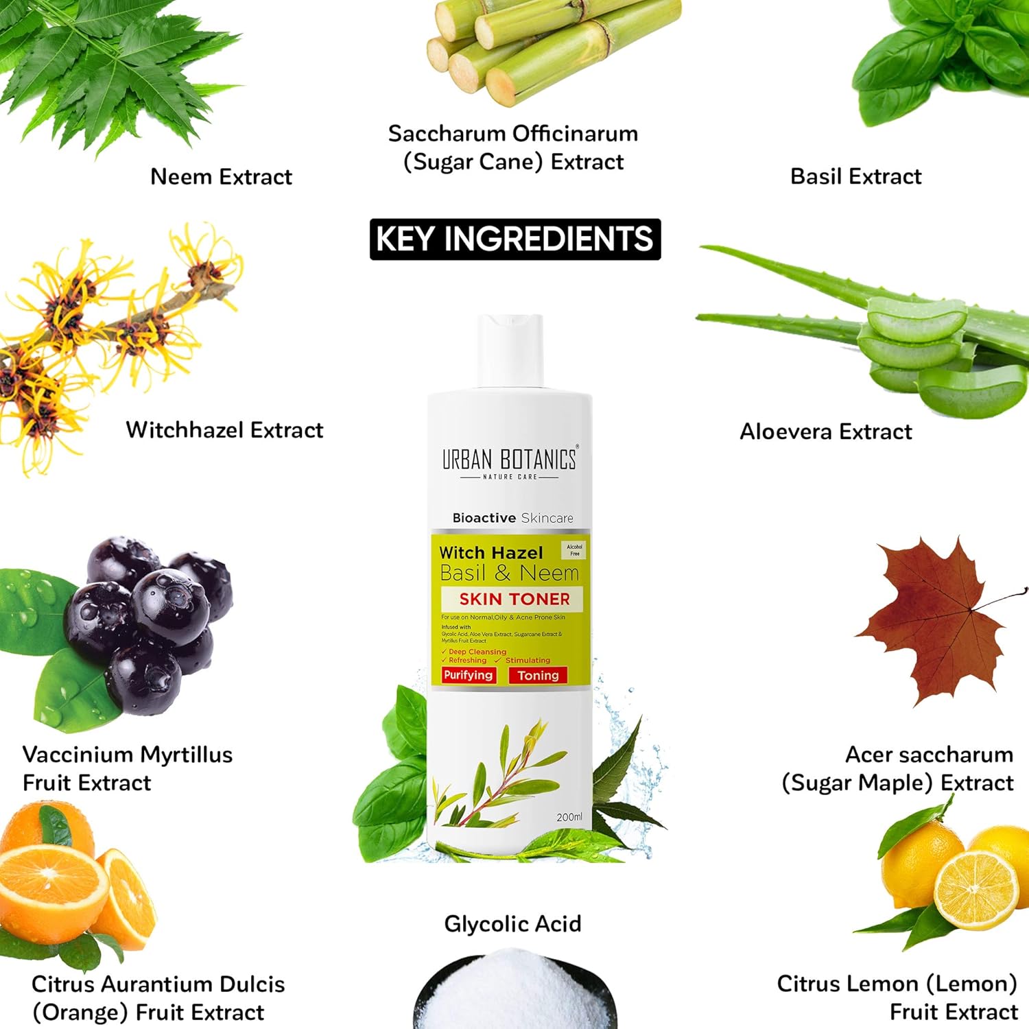 UrbanBotanics Alcohol Free Toner for Face with Witch Hazel, Neem, Basil & Glycolic Acid - Face Toner for Oily, Normal & Acne Prone Skin - Pore Tightening, Cleansing & Whitening, 200ml