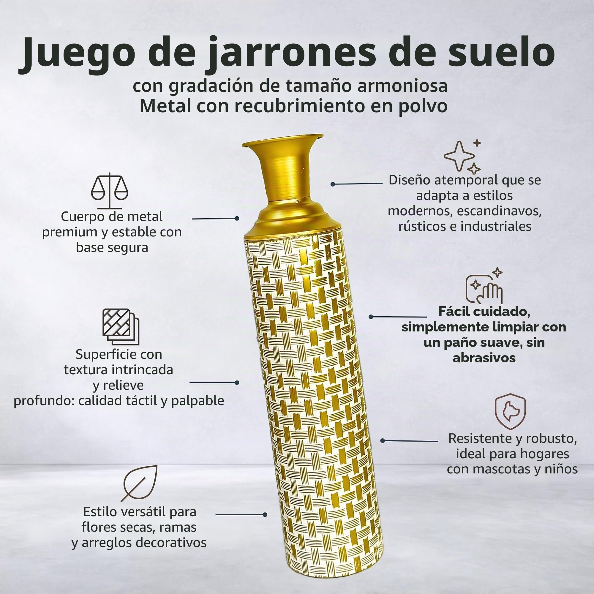 Leewadee Set de 3 Grandes Jarrones de Suelo Metal para Pampa | 3 Jarrones Deco para el Salón, en trío junto a chimenea & TV para Pampa & ramas. Irrompible, sin astillas