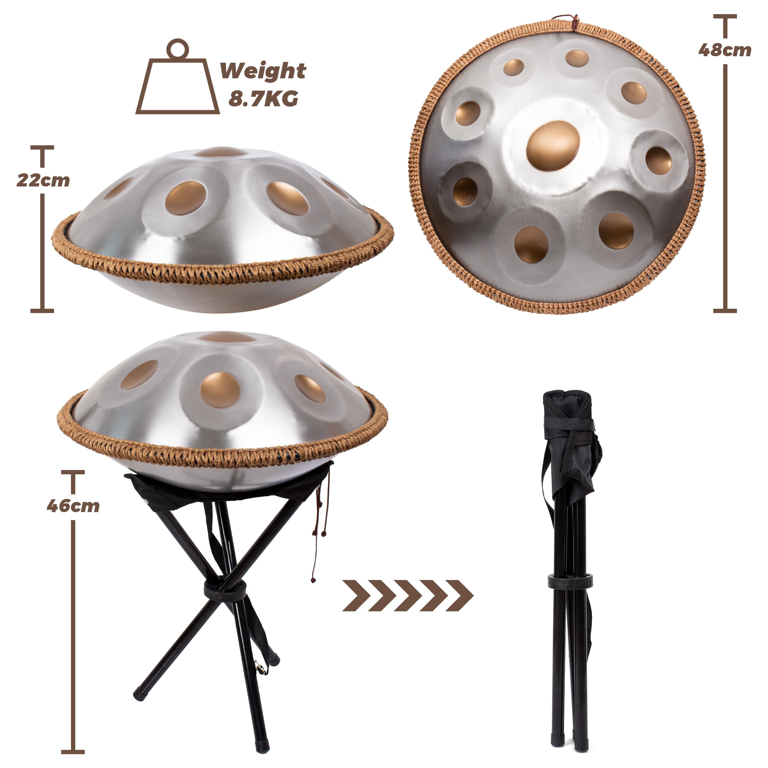 Handpan 440 Hz d-moll 9 nut 45 cm stalowy bęben ręczny stalowy bęben językowy stalowy bęben ręczny harmoniczna ręczna perkusja harmoniczna do uzdrawiania dźwiękiem, osobistej medytacji, jogi,