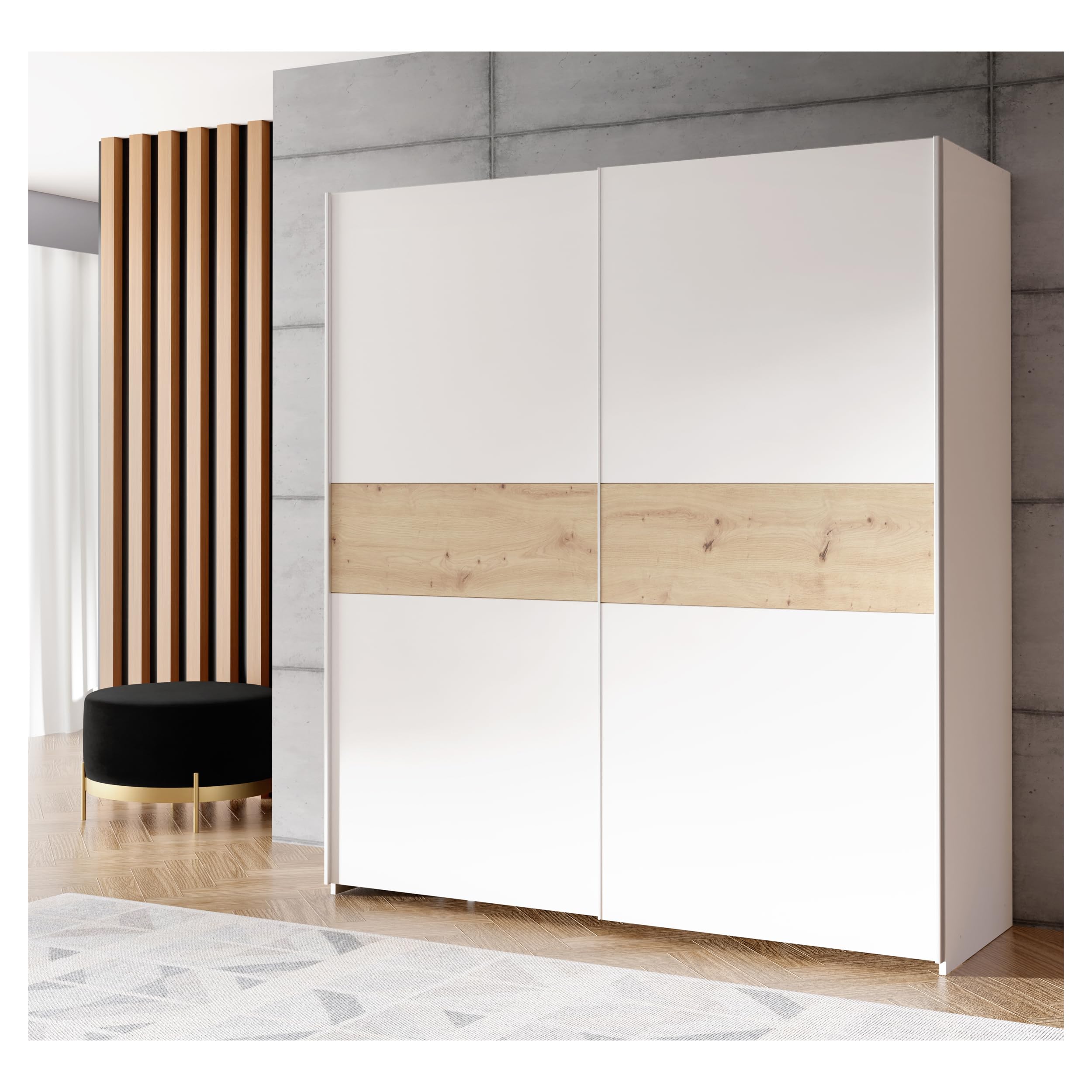 Forte URBANLINE Kleiderschrank 170, moderner Schwebetürenschrank, 2-türig, Schlafzimmer, Holzwerkstoff, Weiß mit Artisan Eiche Holzdekor, 170,3 cm breit x 190,5 cm hoch x 61,2 cm tief