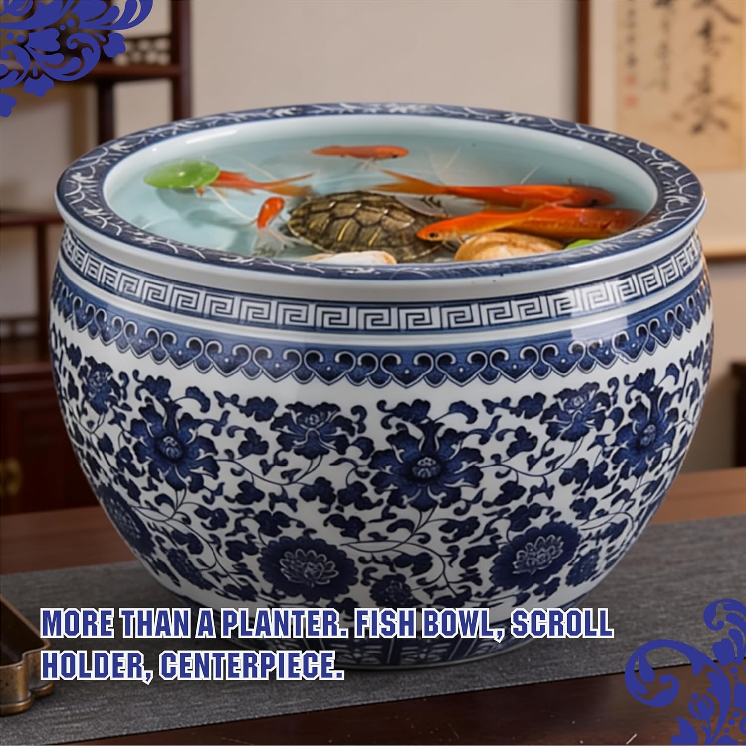 Blue and White Chinoiserie Planter Set, No Drainage Hole - Twin Pack Ceramic Cachepots for Plants & Fish Bowl, Large & Small Oriental Decor (Large & Small)