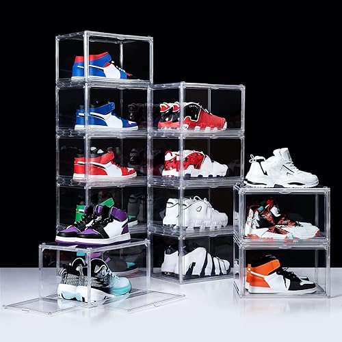 Paquete de 12 cajas de zapatos, contenedor de plástico apilable de acrílico transparente, caja organizadora de zapatos magnética, con tapa que se