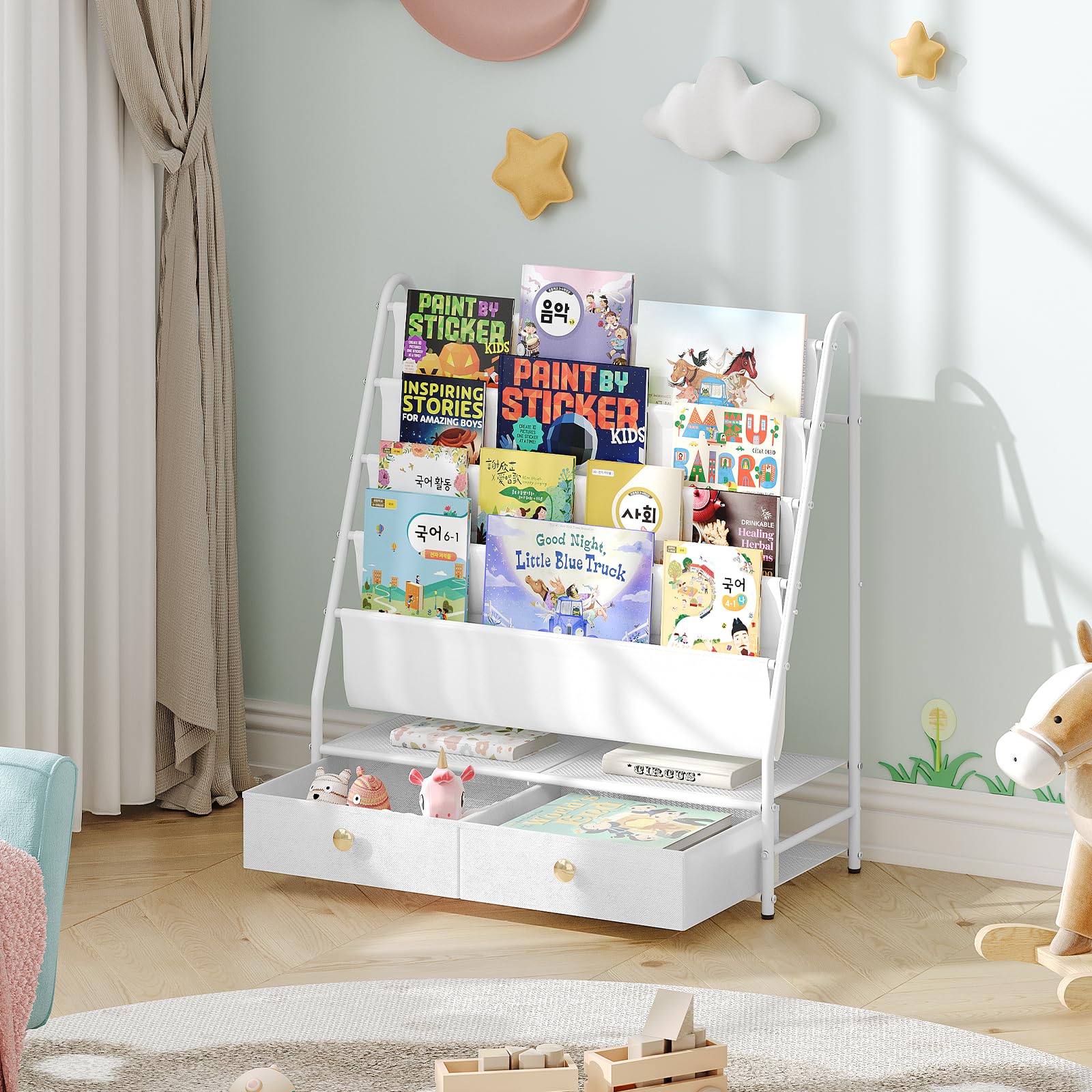 MAHANCRIS Estantería Infantil, Estantería de 4 Estantes, Estantería con 2 Cajones de Tela, Mueble para Juguetes, para Habitación Infantil, Salón, Estudio, Blanco ABKBW7401