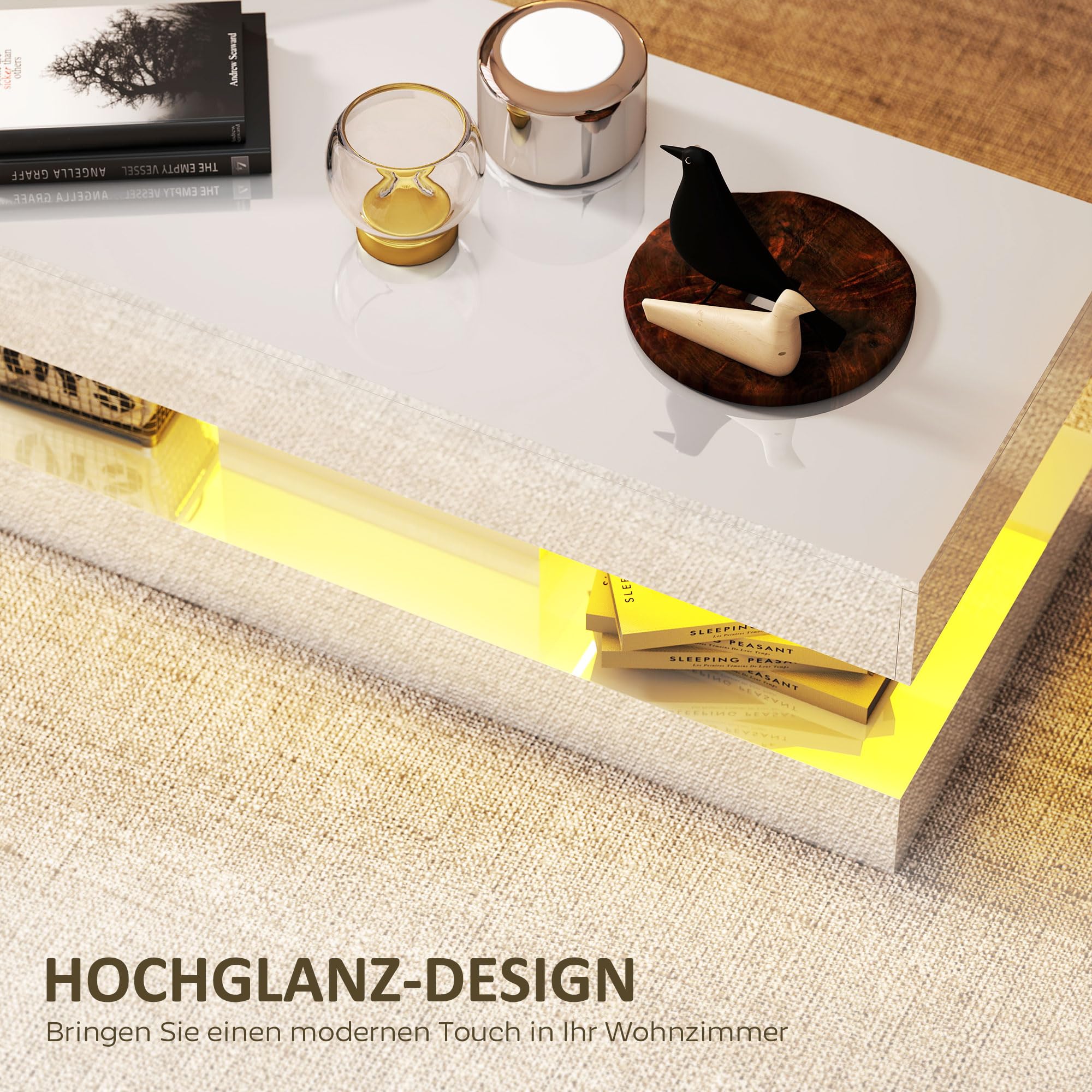 HOMCOM Couchtisch Hochglanz mit LED Beleuchtung 120 x 50 x 42 cm Weiß | Wohnzimmertisch, 12-Farbiger, Moderner Beistelltisch, 2 Schubladen, Offenes Regal, Kaffeetisch, für Wohnzimmer