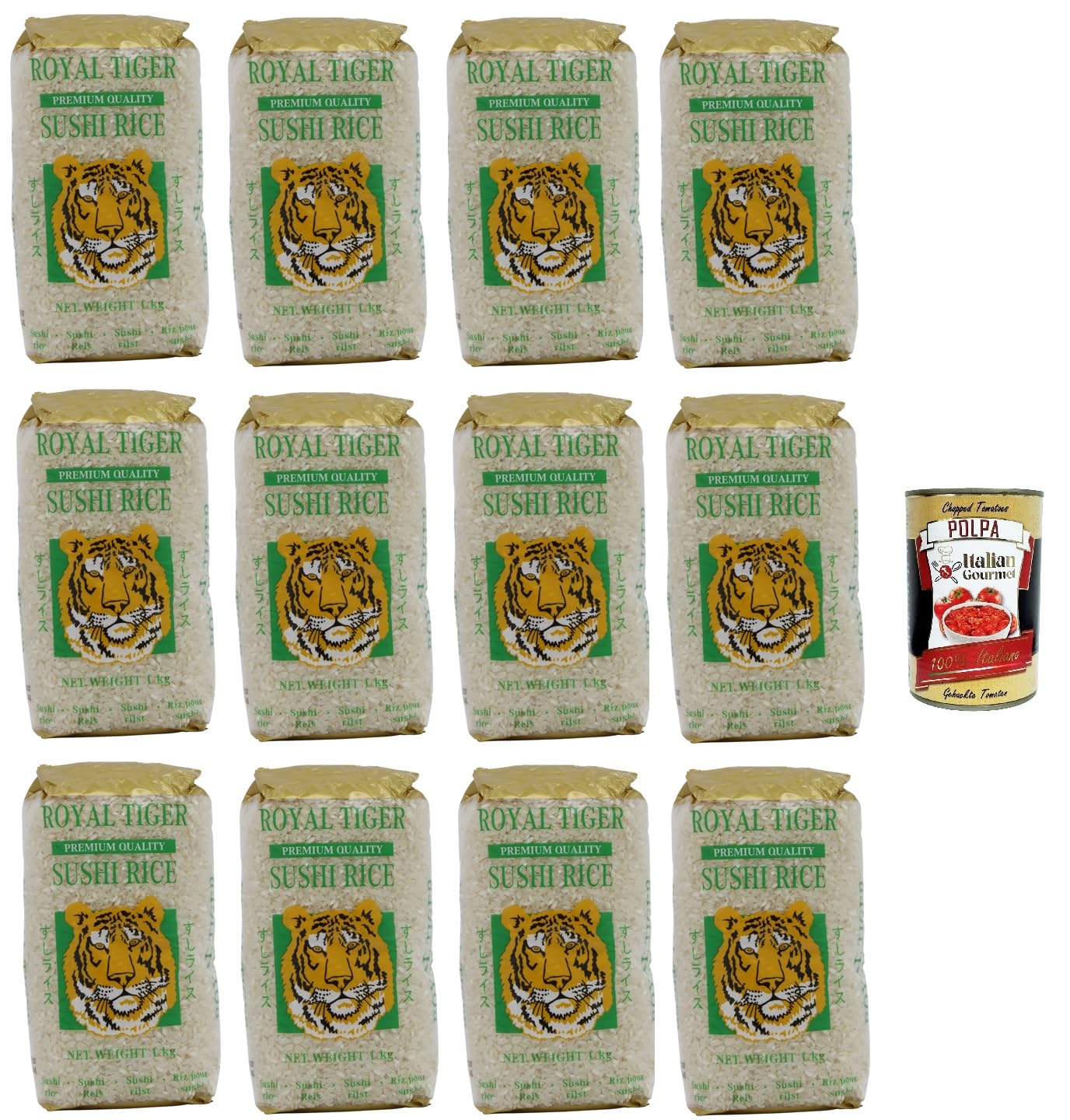 Italian Gourmet Riso per Sushi, Premium italienischer Sushi-Reis 12 x 1kg | Chicchi tondi, tenuta compatta; ideal für Maki, Nigiri und Bowls, schonend, Gesamtnettogewicht 12 kg + Kostenlos Polpa 400g