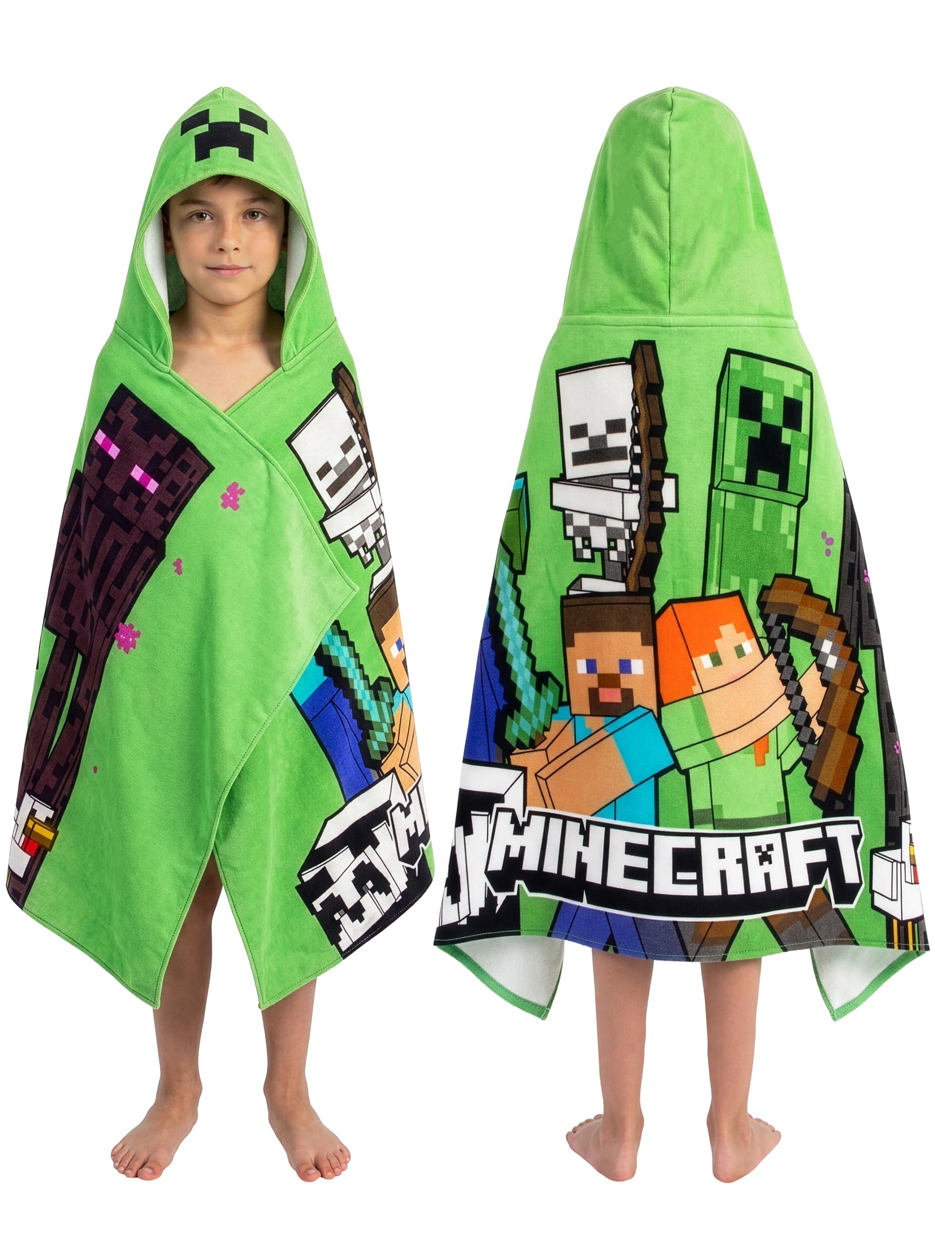 Minecraft Asciugamano Bambini Mare, Accappatoio Poncho con Cappuccio Creeper, Telo Mare Cotone bambini per piscina o spiaggia, taglia unica