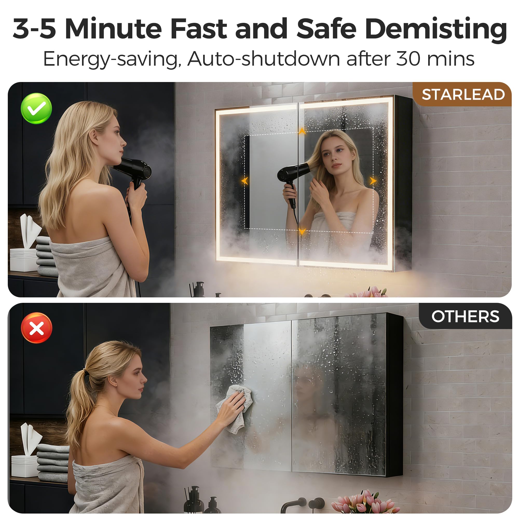 STARLEAD Armadietto a specchio da bagno con illuminazione a LED, 80 x 60 cm, in alluminio nero opaco, con presa, funzione anti-appannamento, dimmerabile, 3 colori chiari, IP44 e Soft-Close