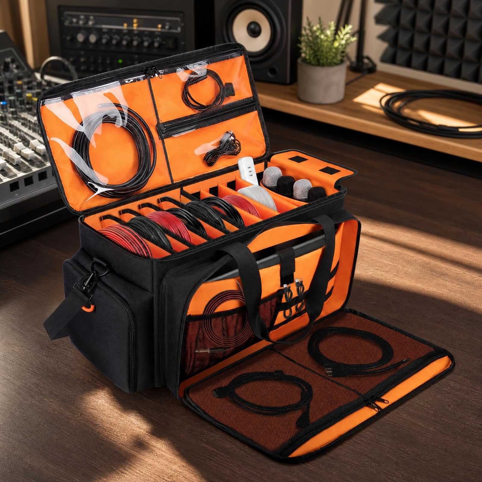 Bolsa Organizadora Cables Portátil | Compartimentos Acolchados Ajustables, Bolsa Herramientas con Correa, Resistente, Estuche, para Conciertos, Exteriores, Negro Naranja