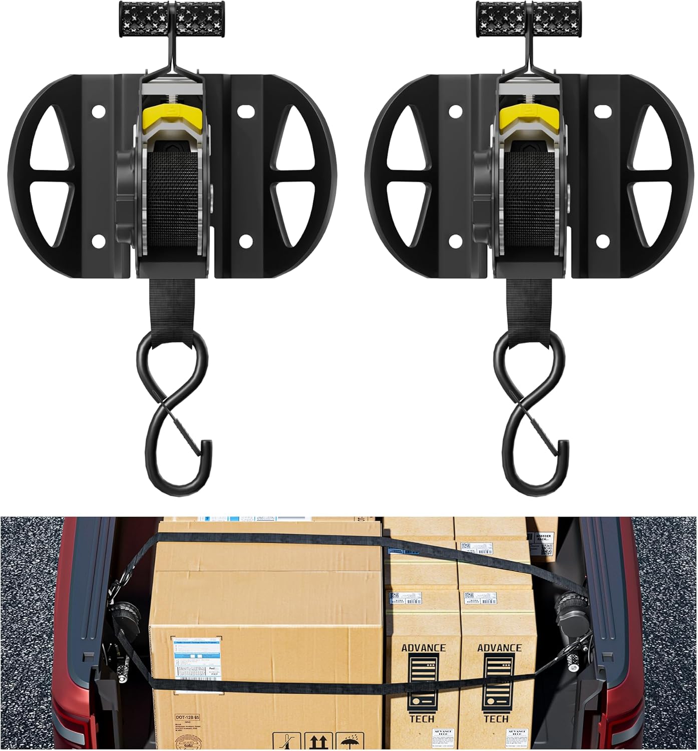 2PCS Retractable Ratchet Straps,Compatible with 2015-2025 Ford F150 Auto Retract Securing Strap,Integral Retractable Tie Down Straps for F250/F350/F450/F550,Retractable Truck Bed Ratchet Straps