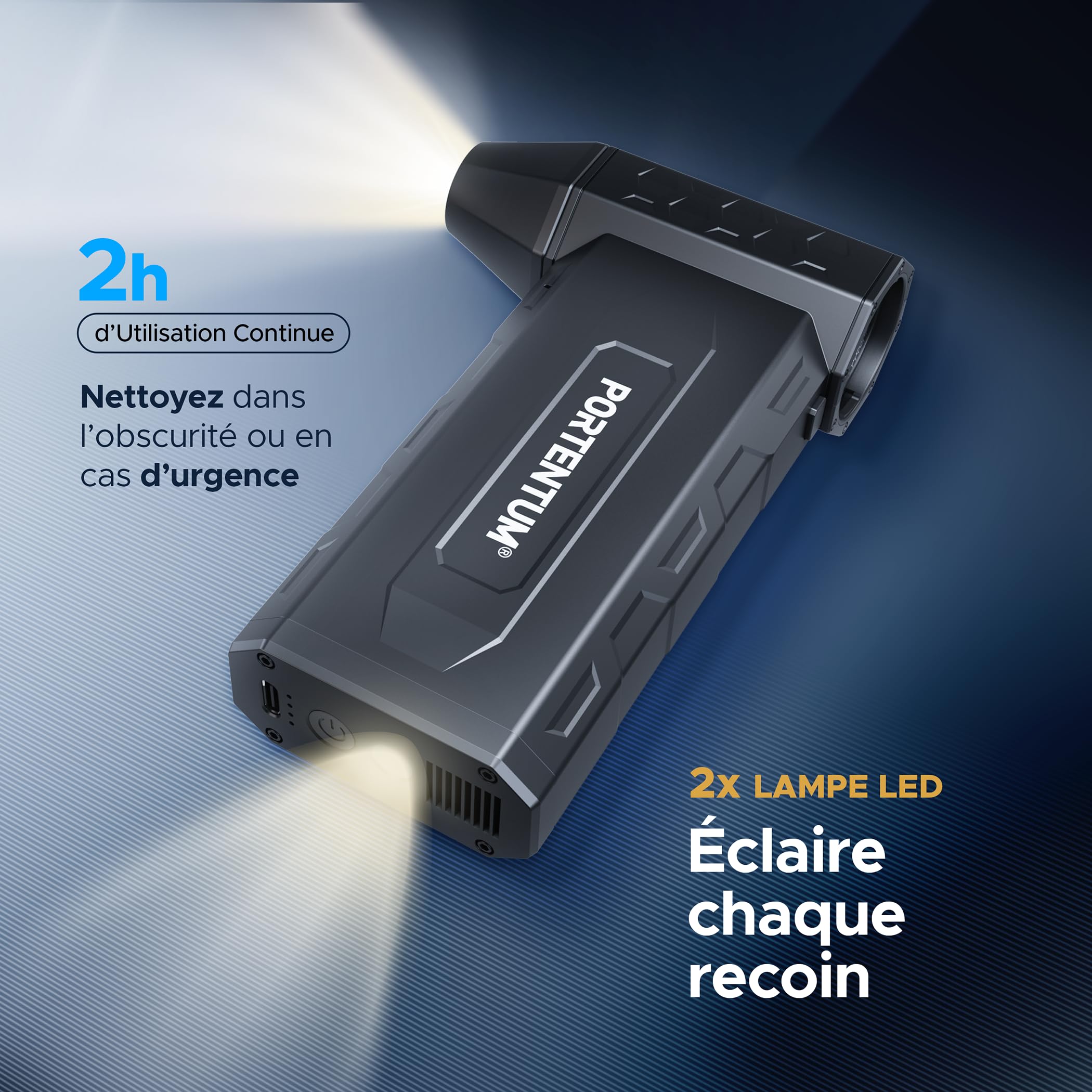 PORTENTUM 3 en 1 Souffleur air comprimé 180 km/h – Aspirateur voiture puissant sans fil 25 kPa – Lampe torche double LED – Set de 25 avec 6 buses et 13 brosses – Autonomie jusqu’à 115 min