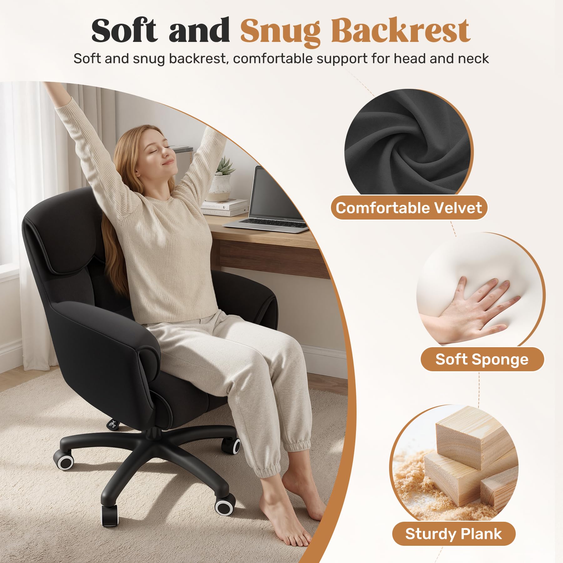 Ergonomischer Bürostuhl, Höhenverstellbarer Schreibtischstuhl mit Armlehnen, 360° Drehfunktion, Samtbezug, für Homeoffice und Büro, Belastbar bis 150 kg, Schwarz