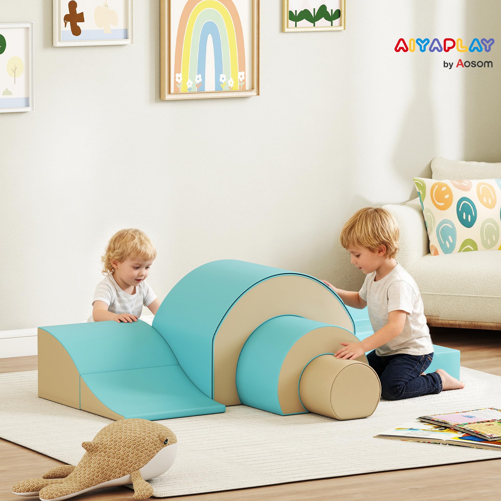 AIYAPLAY Schaumstoff Bausteine Kinder 5 TLG. Klettern Softbausteine Riesenbausteine Großbausteine Bauklötze Bausteinset Kunstleder Sand+Grün