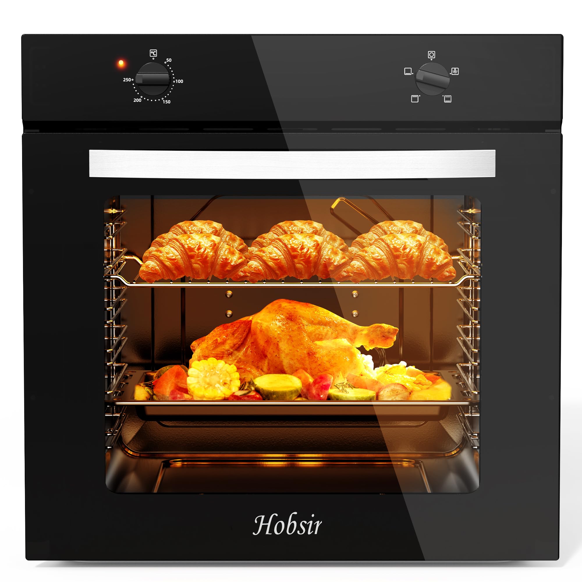 Hobsir Electric Oven, 65L Built-in Oven 4 Functions Knob Control 2000W Plug and Play 220~240V 60cm Wide [Energy Class A]