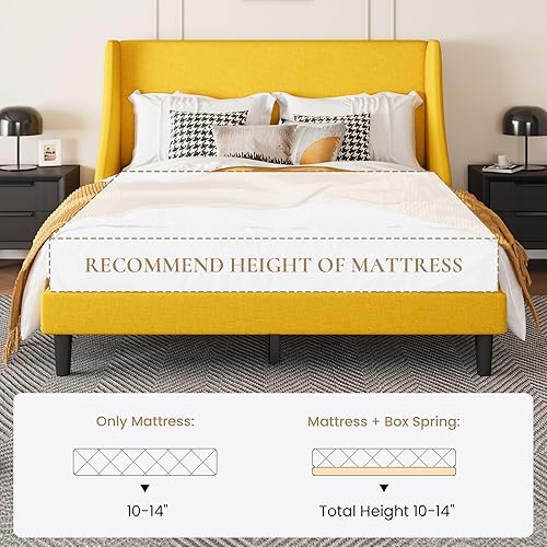 Miniatura 16 de SHA CERLIN Base de cama de plataforma tamaño Queen con cabecero tapizado, elegante diseño de respaldo de alas, soporte de listones de madera