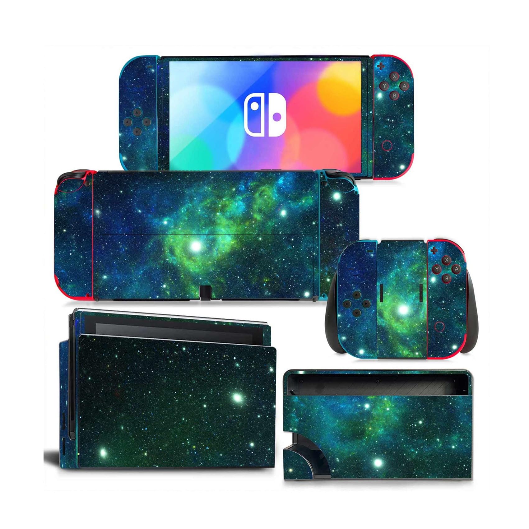 Aufkleber für Nintendo Switch OLED-Konsole und Controller, Vinyl-Aufkleber, Schutzzubehör für Nintendo OLED (grüner Sternenhimmel)